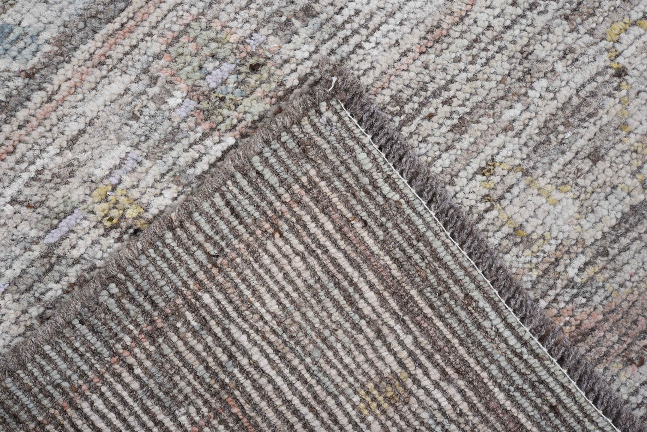 8' x 9' one-of-a-kind handmade vintage Oushak large size rug. Color palette: gray, ivory, blush, muted blue, apricot, taupe
