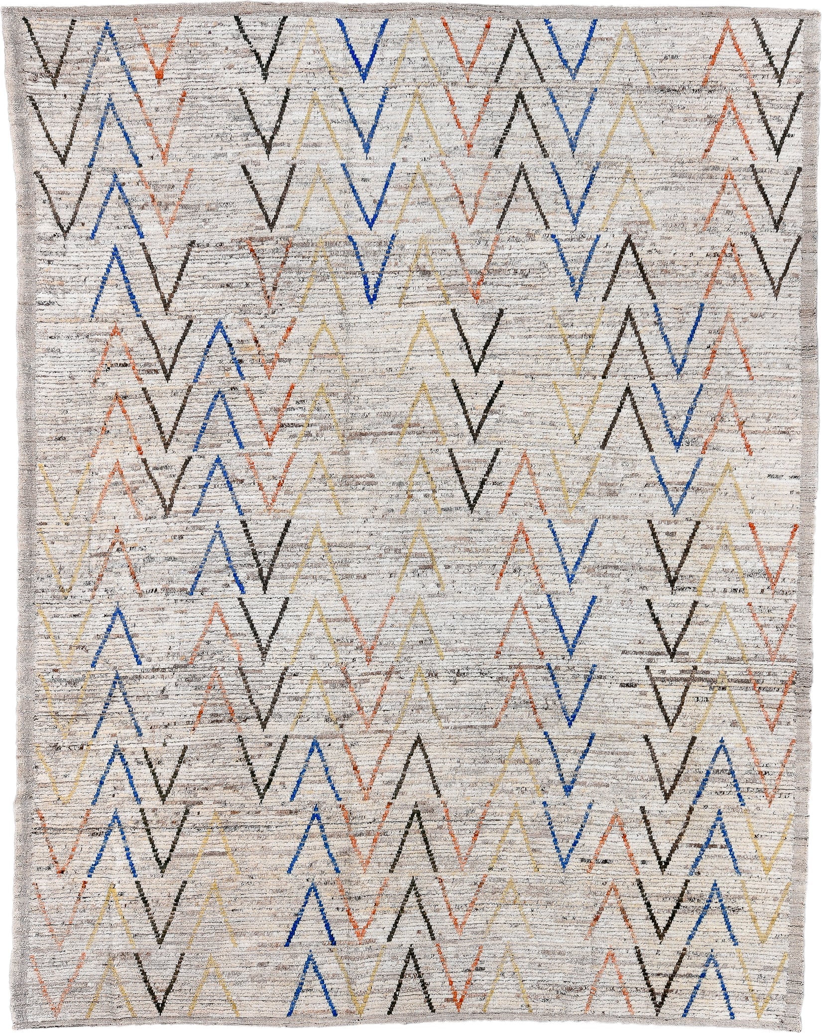 9' x 11' one-of-a-kind handmade vintage Tulu large size rug. Color palette: ivory, taupe, charcoal, cobalt, soft_gold, coral