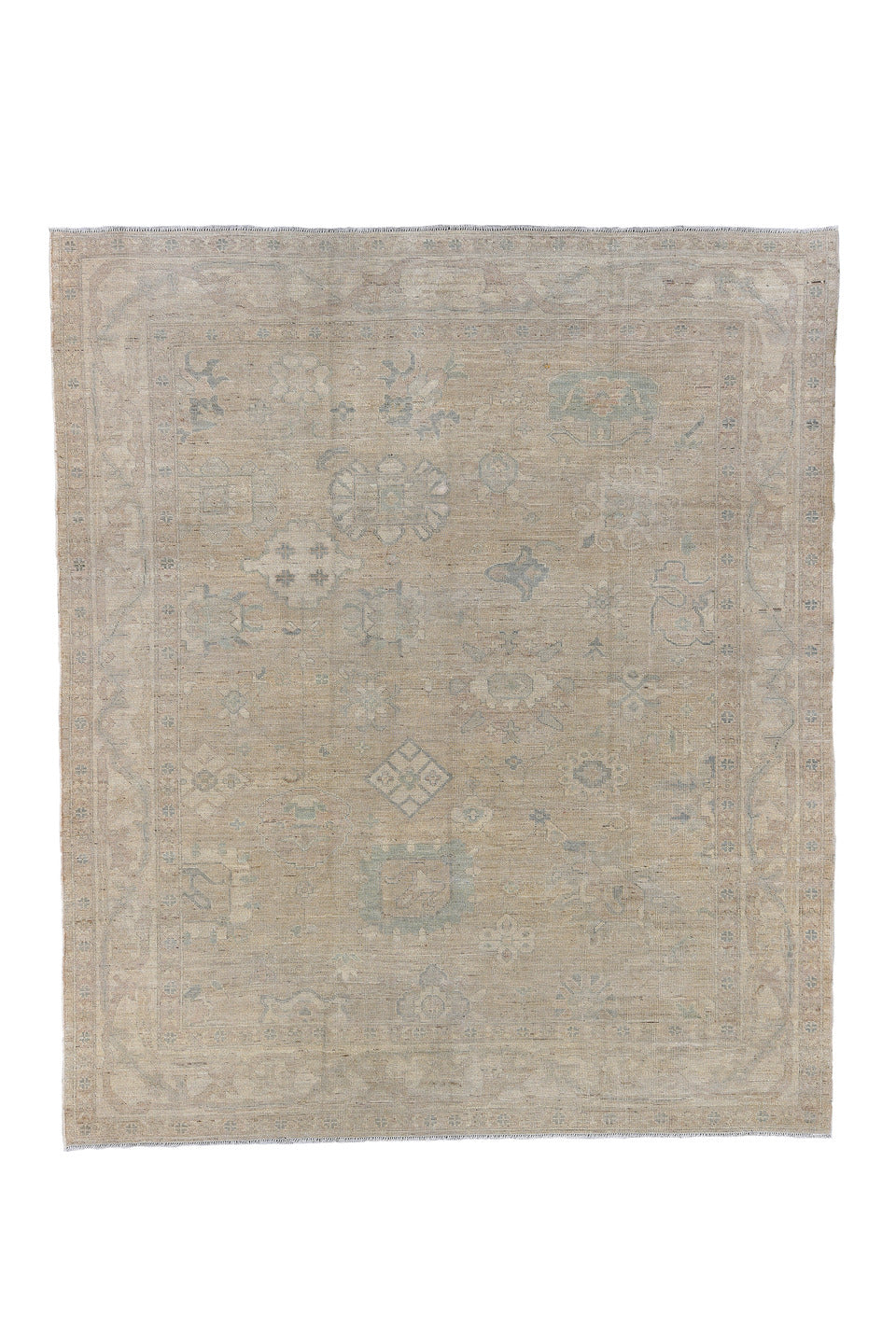 8' x 9' one-of-a-kind handmade vintage Oushak rug. Color palette: black, brown, gray, light gray, off-white, pink