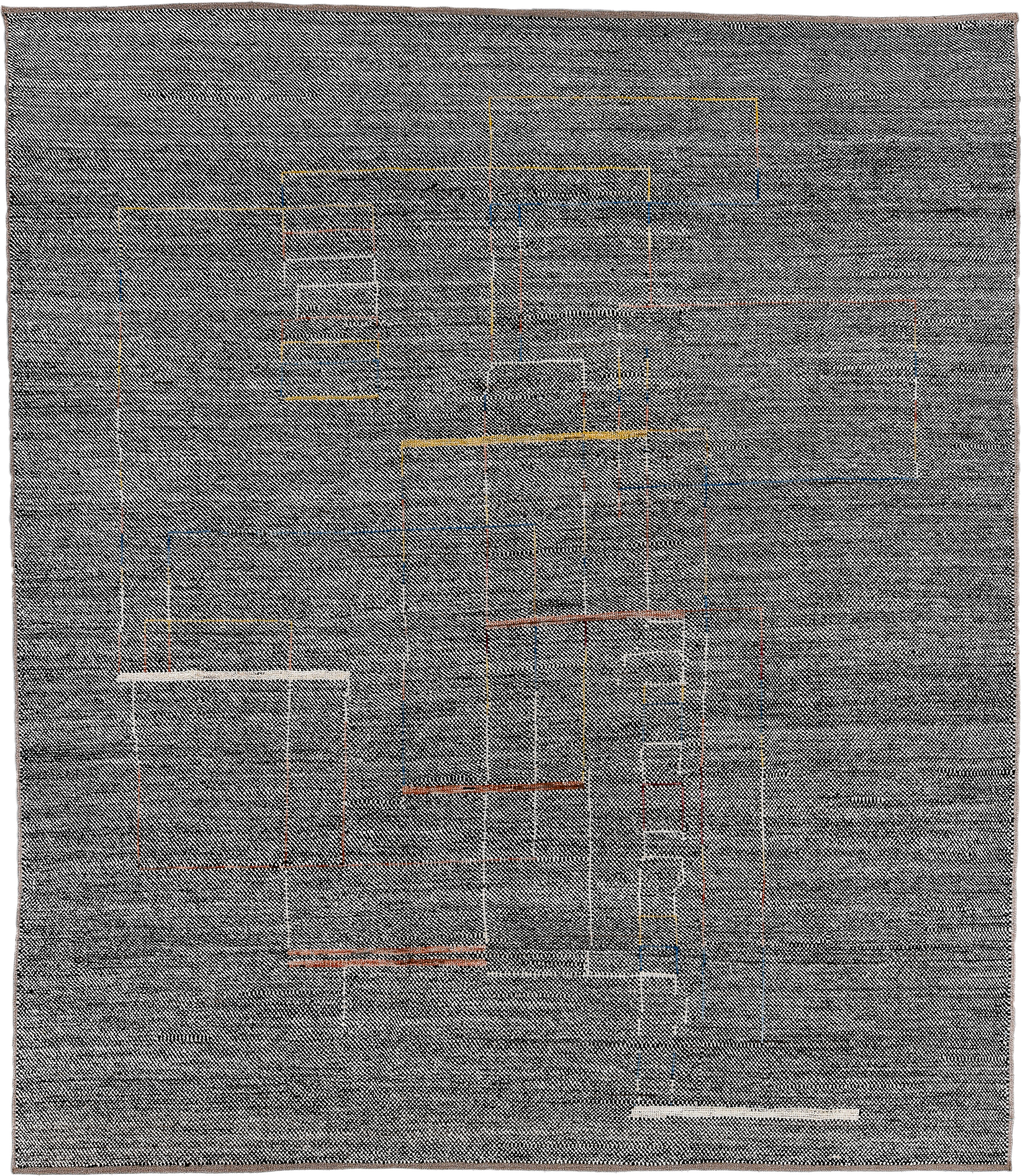 8' x 9' one-of-a-kind handmade vintage Tulu rug. Color palette: charcoal, ivory, taupe, rust, gold, slate, blue, gray, black
