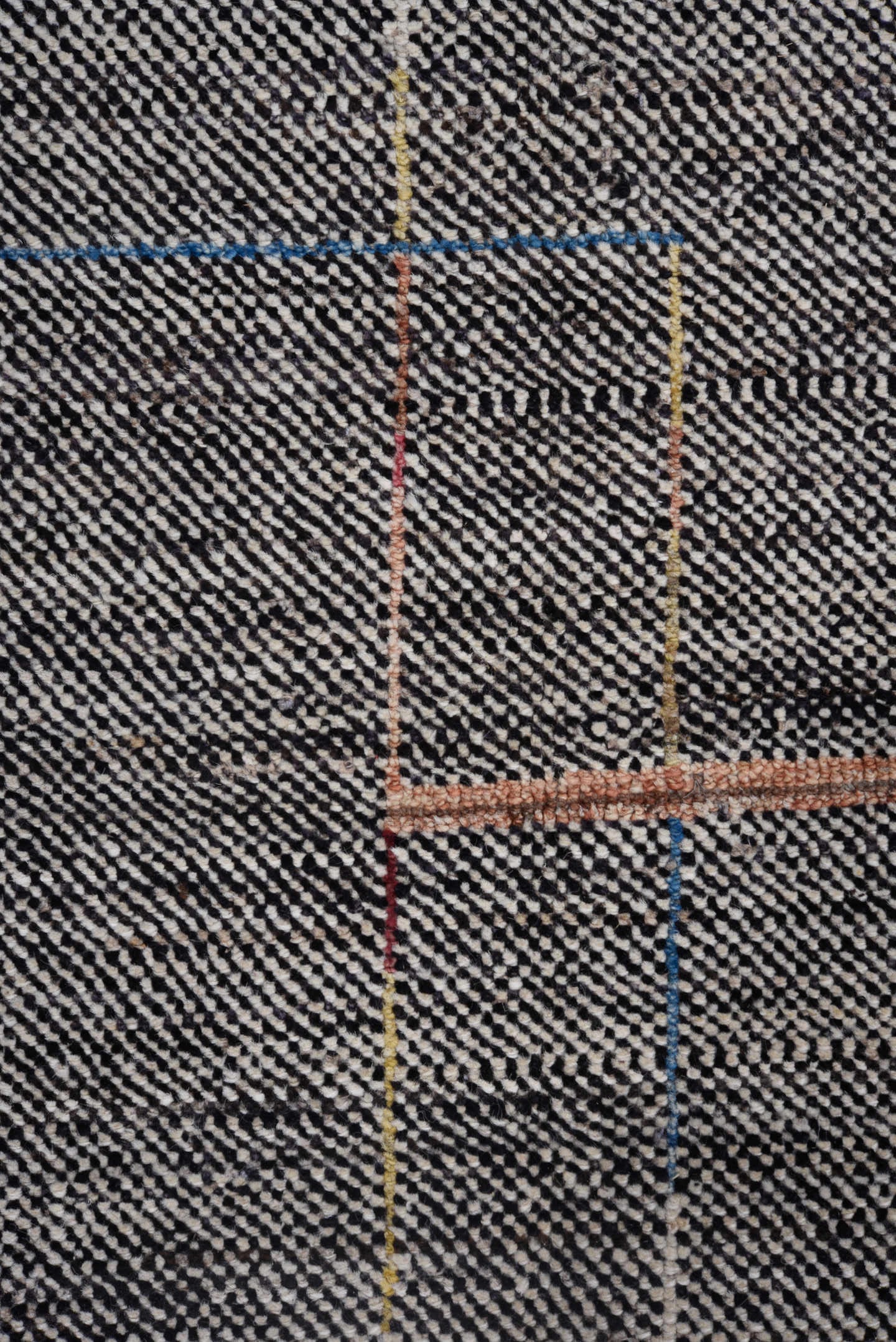 8' x 9' one-of-a-kind handmade vintage Tulu rug. Color palette: charcoal, ivory, taupe, rust, gold, slate, blue, gray, black