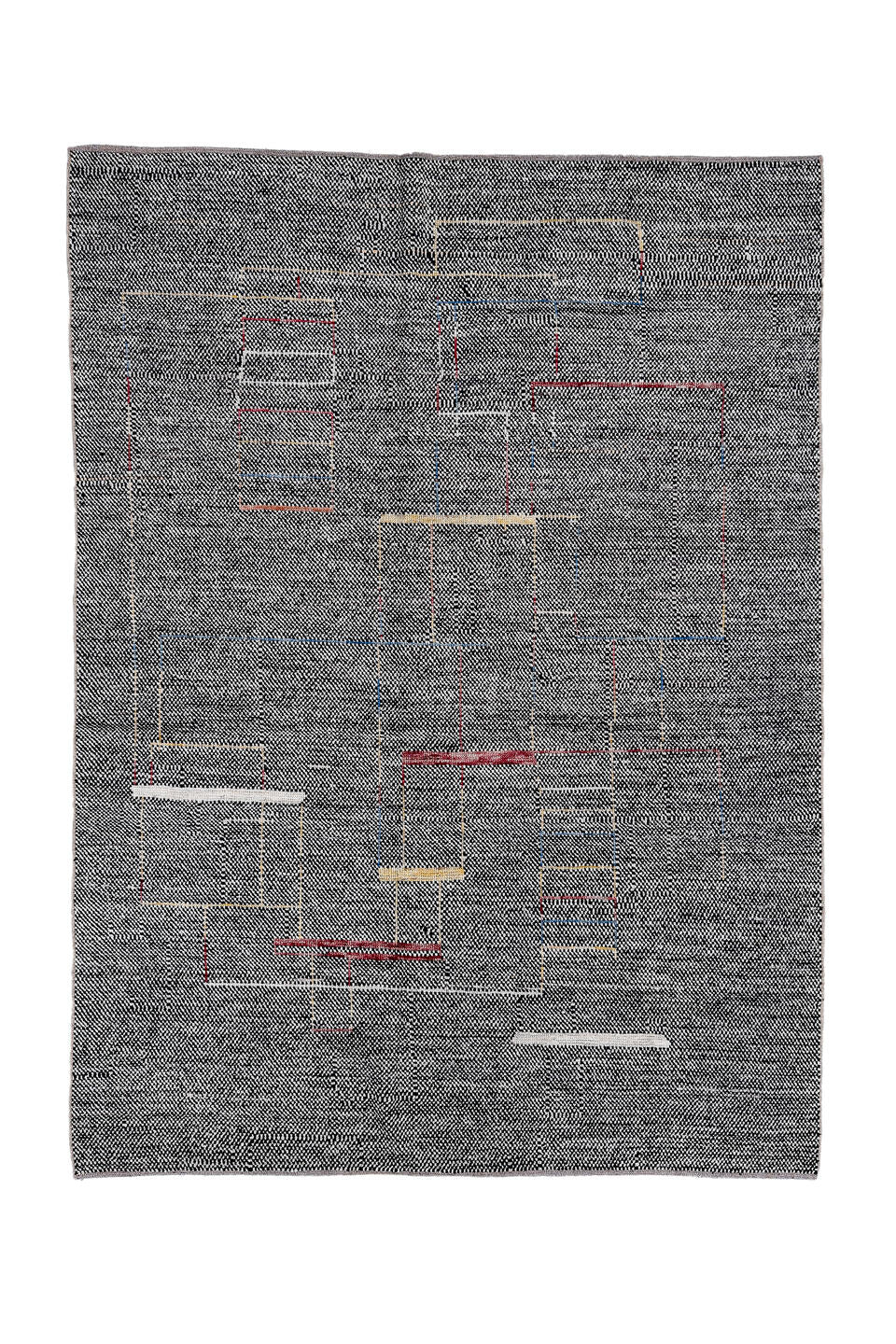 6' x 8' one-of-a-kind handmade vintage Tulu medium size rug. Color palette: black, blue, brown, charcoal, dark gray
