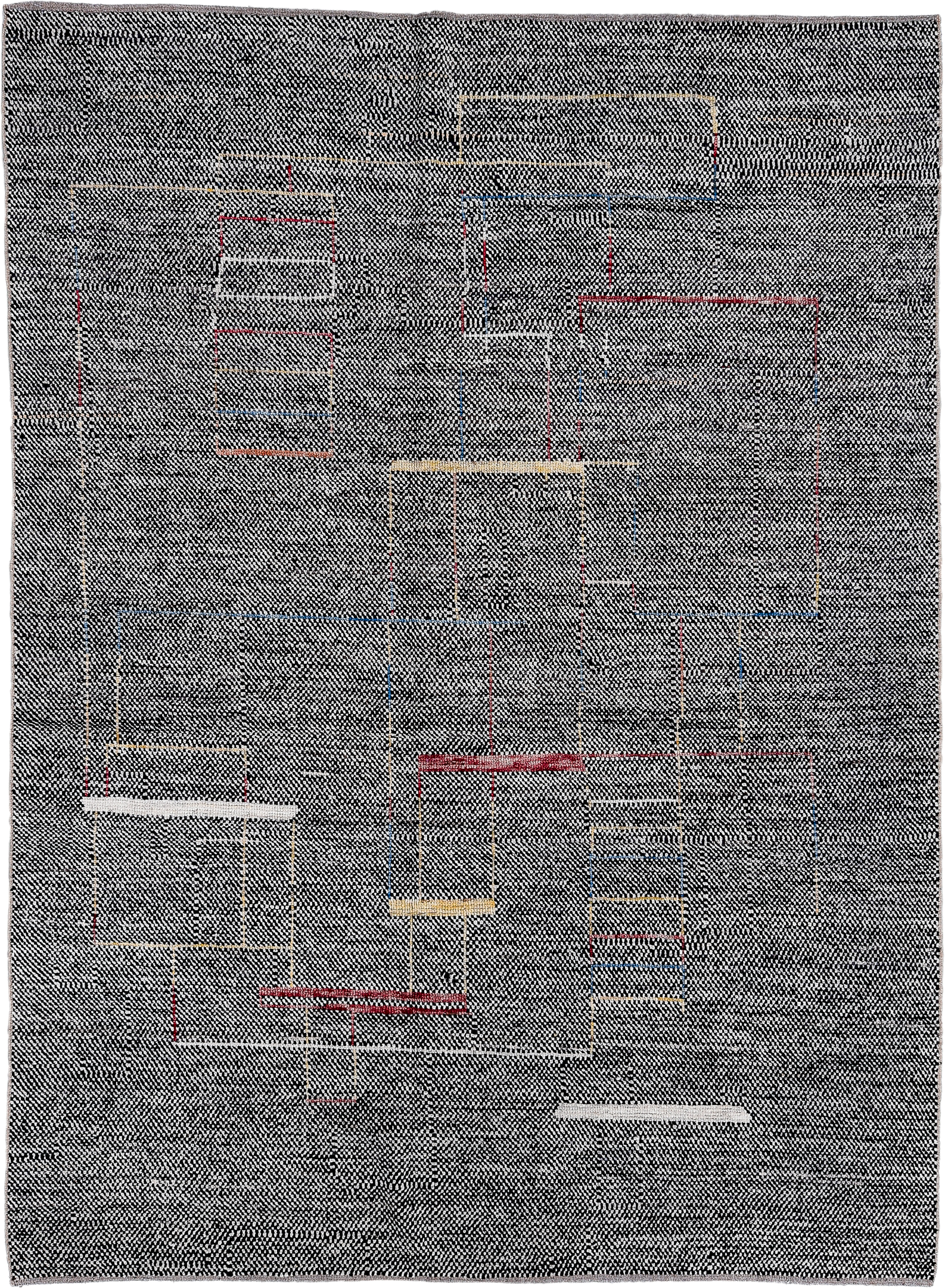 6' x 8' one-of-a-kind handmade vintage Tulu medium size rug. Color palette: charcoal, ivory, red, blue, gold, gray, black