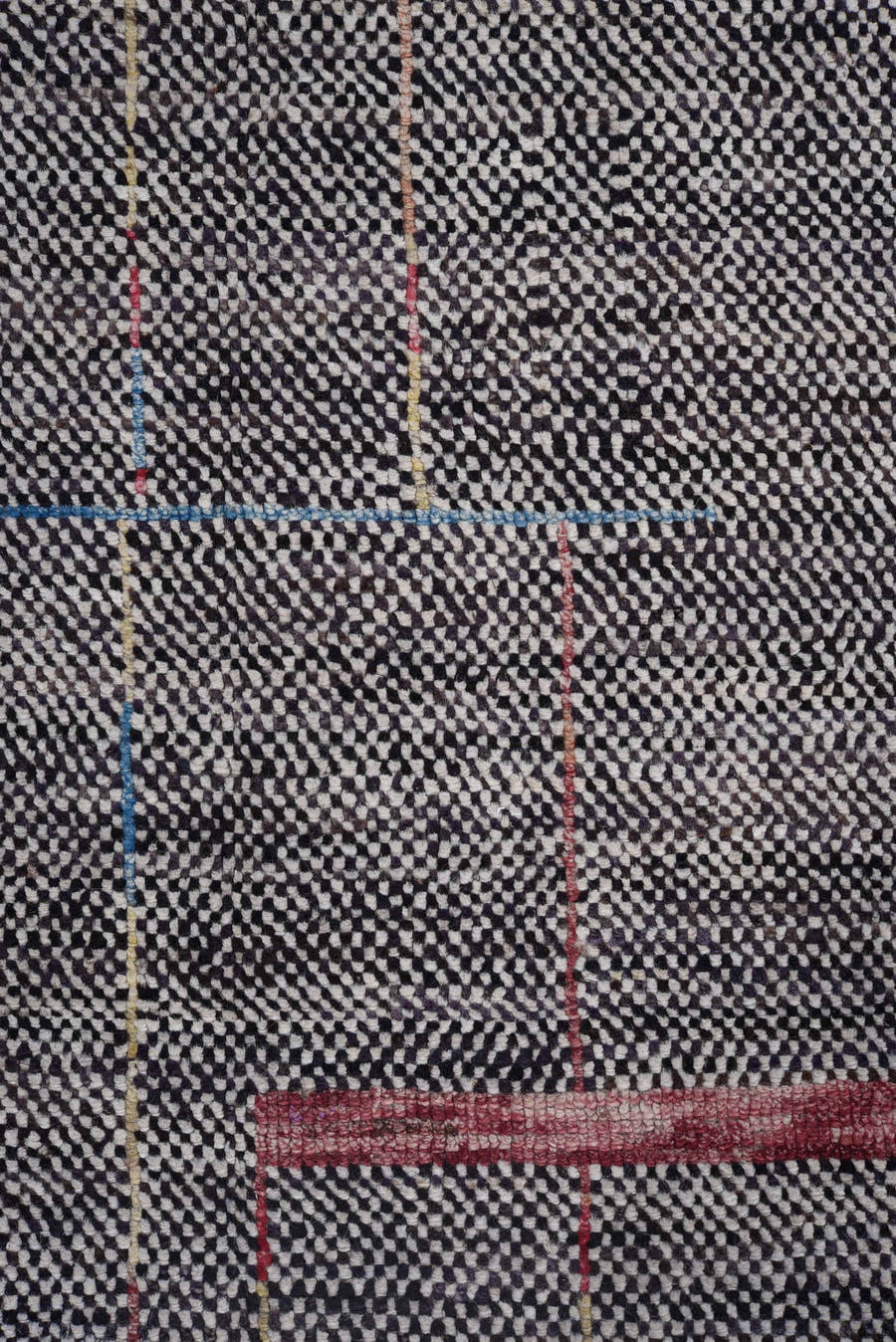6' x 8' one-of-a-kind handmade vintage Tulu medium size rug. Color palette: charcoal, ivory, red, blue, gold, gray, black