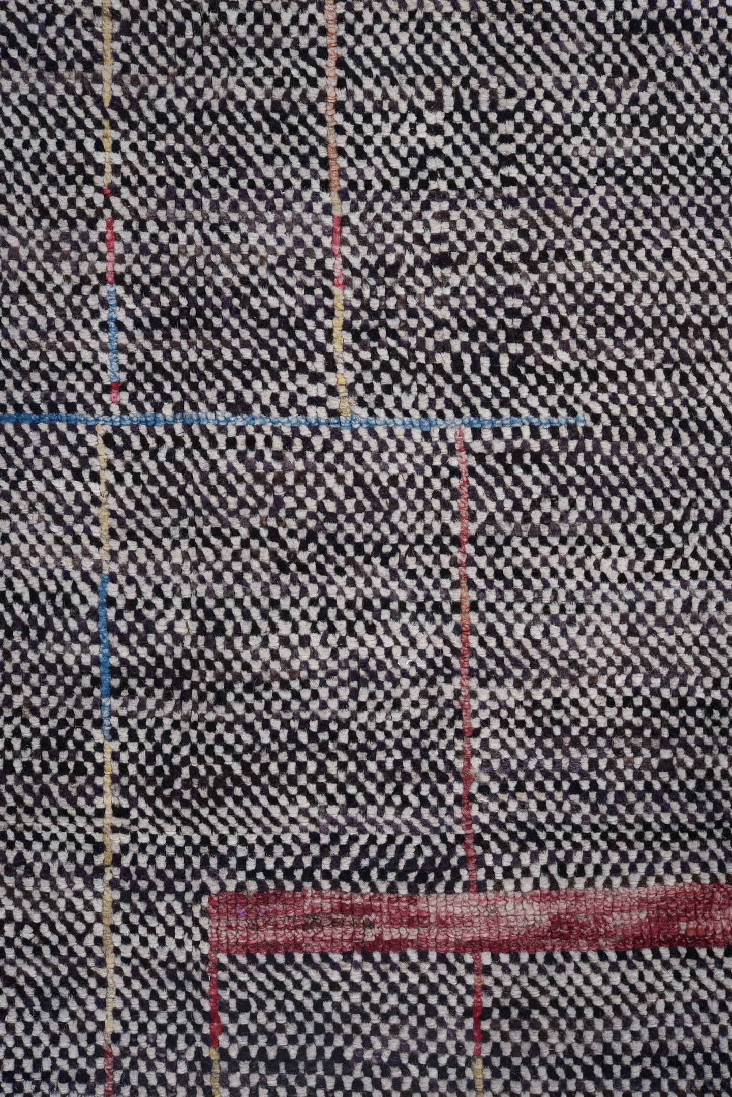 6' x 8' one-of-a-kind handmade vintage Tulu medium size rug. Color palette: charcoal, ivory, red, blue, gold, gray, black