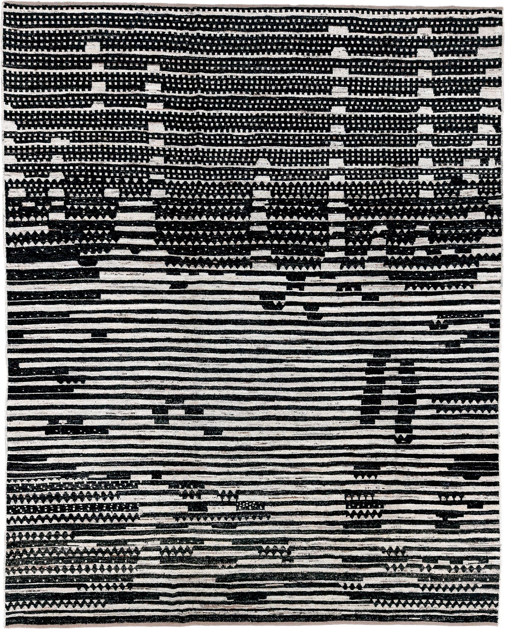 9' x 11' one-of-a-kind handmade vintage Tulu large size rug. Color palette: ivory, black, charcoal, gray