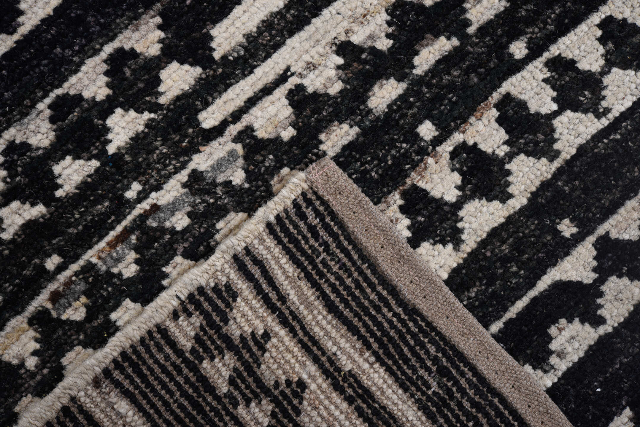 9' x 11' one-of-a-kind handmade vintage Tulu large size rug. Color palette: ivory, black, charcoal, gray
