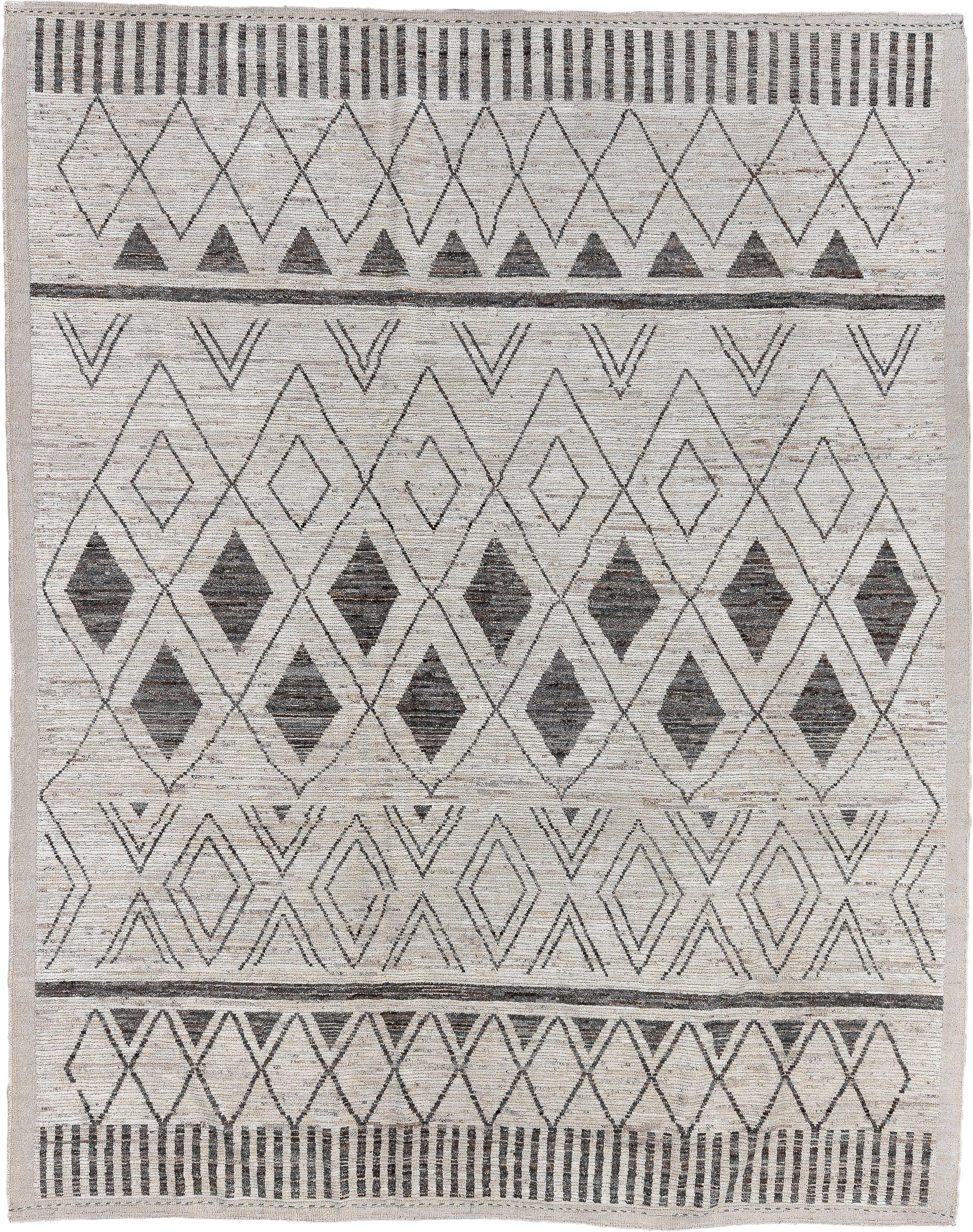 9' x 11' one-of-a-kind handmade vintage Tulu large size rug. Color palette: ivory, charcoal, taupe, gray, black, beige