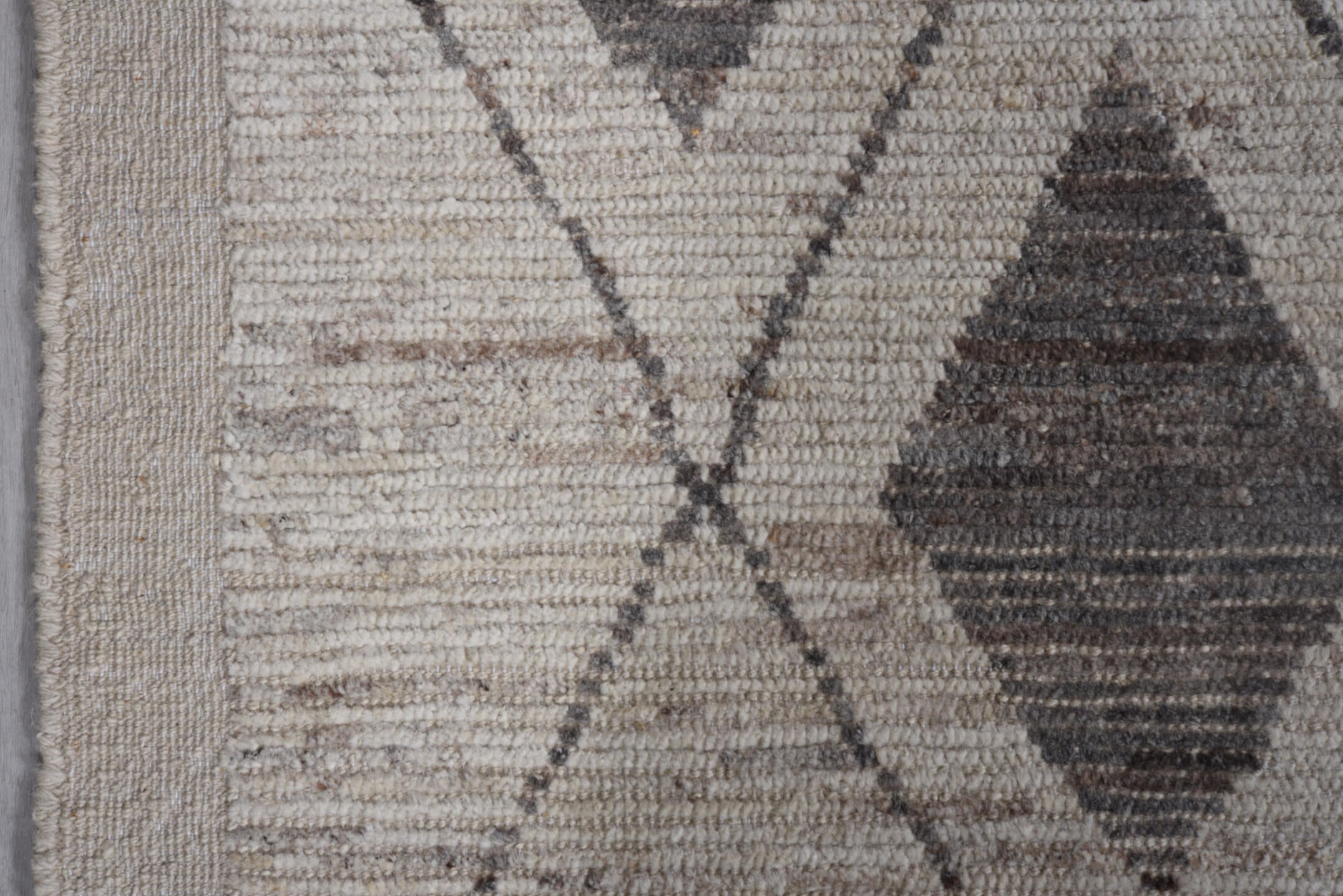 9' x 11' one-of-a-kind handmade vintage Tulu large size rug. Color palette: ivory, charcoal, taupe, gray, black, beige