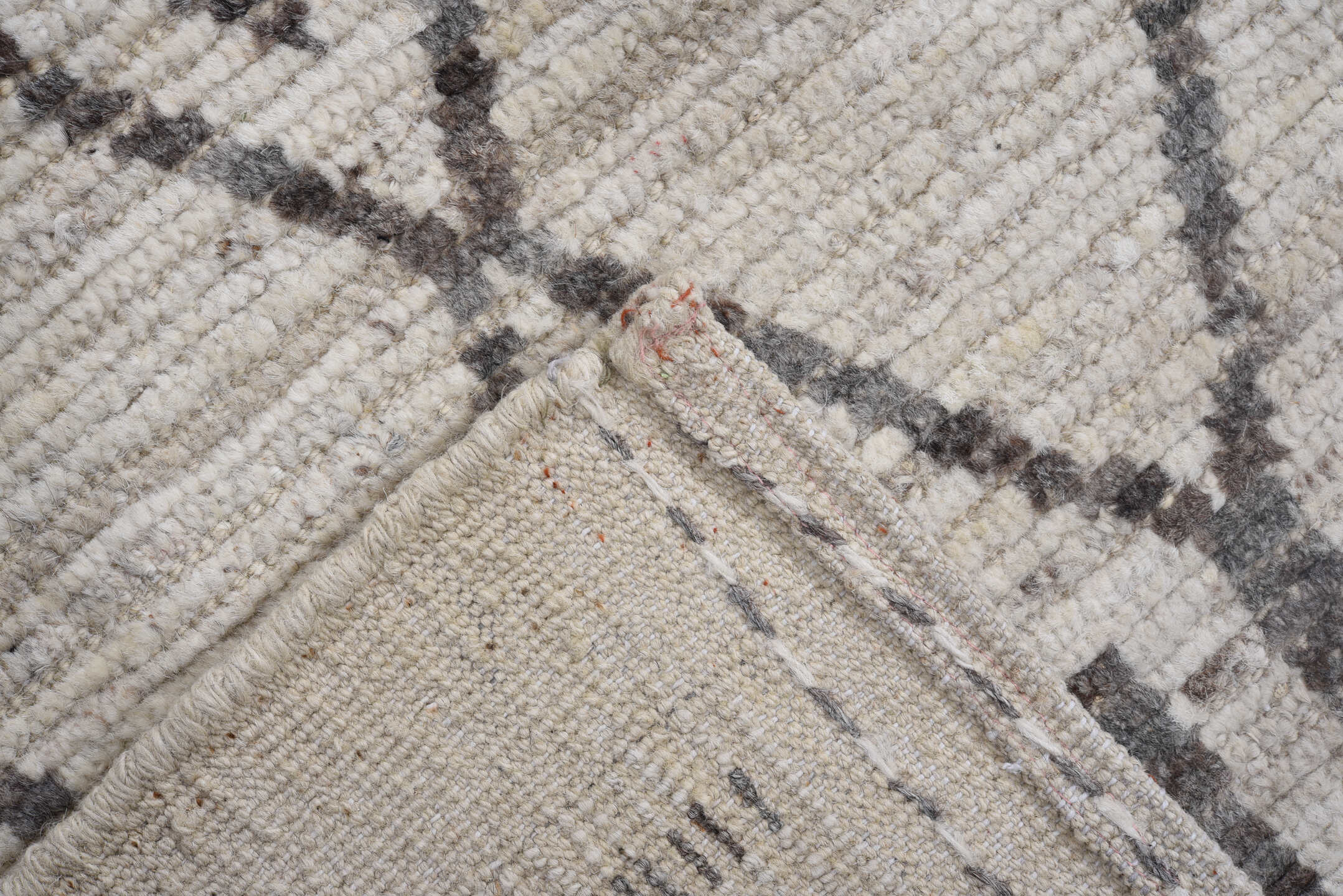 9' x 11' one-of-a-kind handmade vintage Tulu large size rug. Color palette: ivory, charcoal, taupe, gray, black, beige
