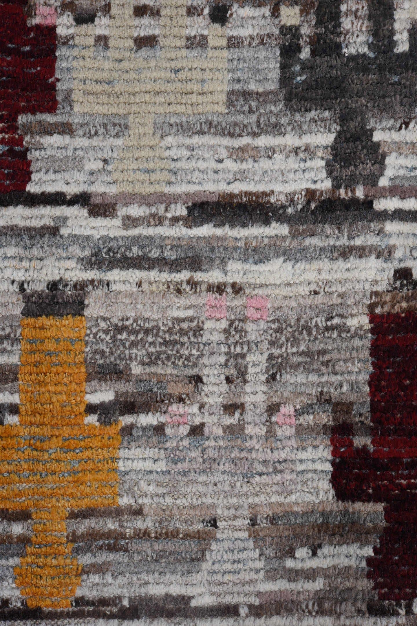 7' x 9' one-of-a-kind handmade vintage Tulu large size rug. Color palette: ivory, gray, burgundy, gold, pink, taupe