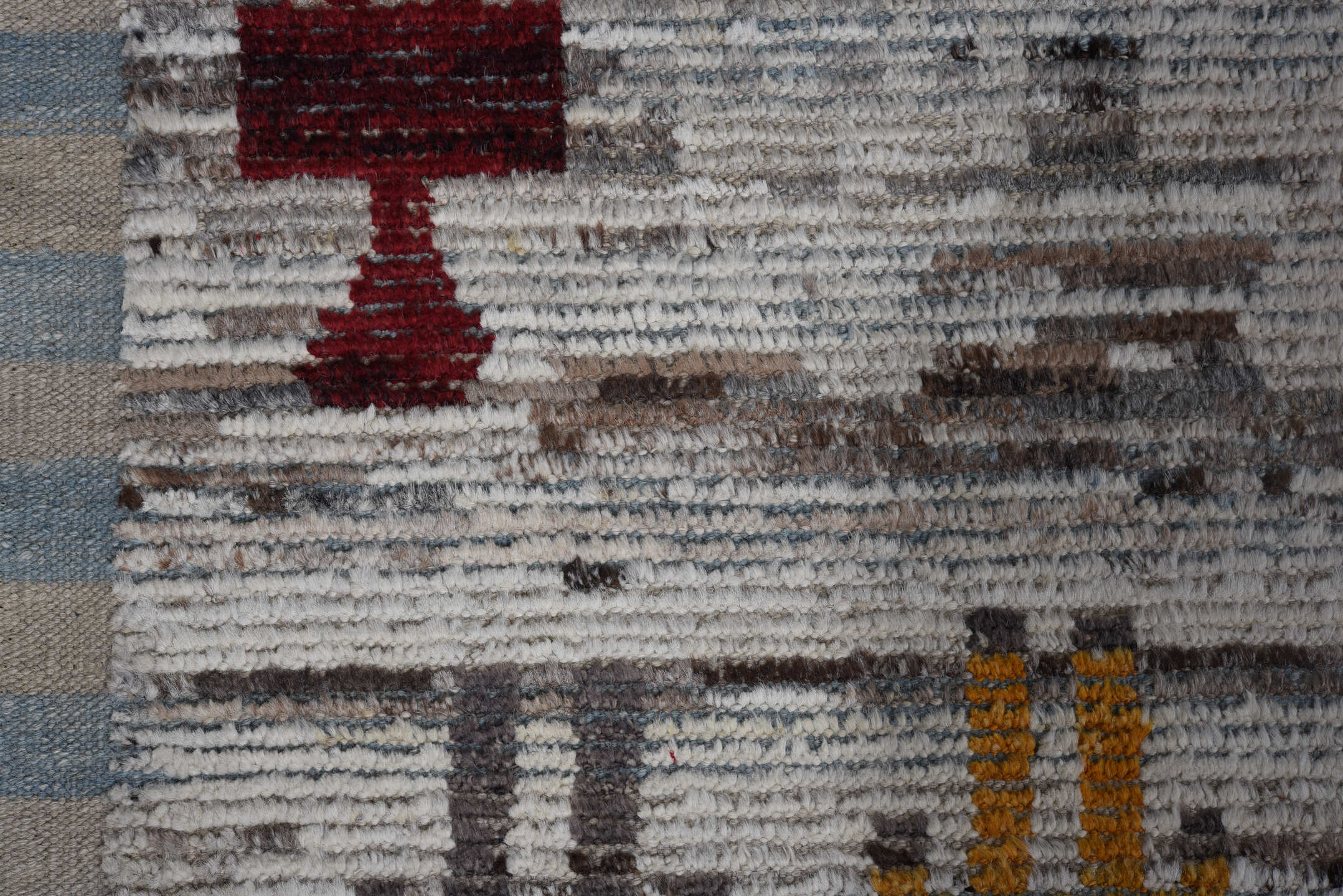 7' x 9' one-of-a-kind handmade vintage Tulu large size rug. Color palette: ivory, gray, burgundy, gold, pink, taupe