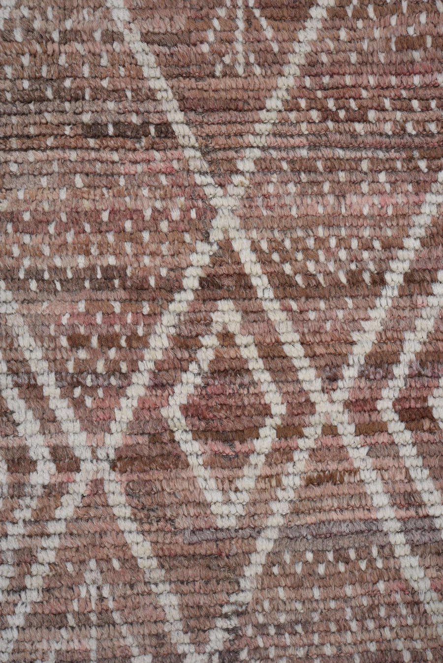 2' x 13' one-of-a-kind handmade vintage Tulu runner rug. Color palette: rose, ivory, taupe, brown, terra cotta, pink, red