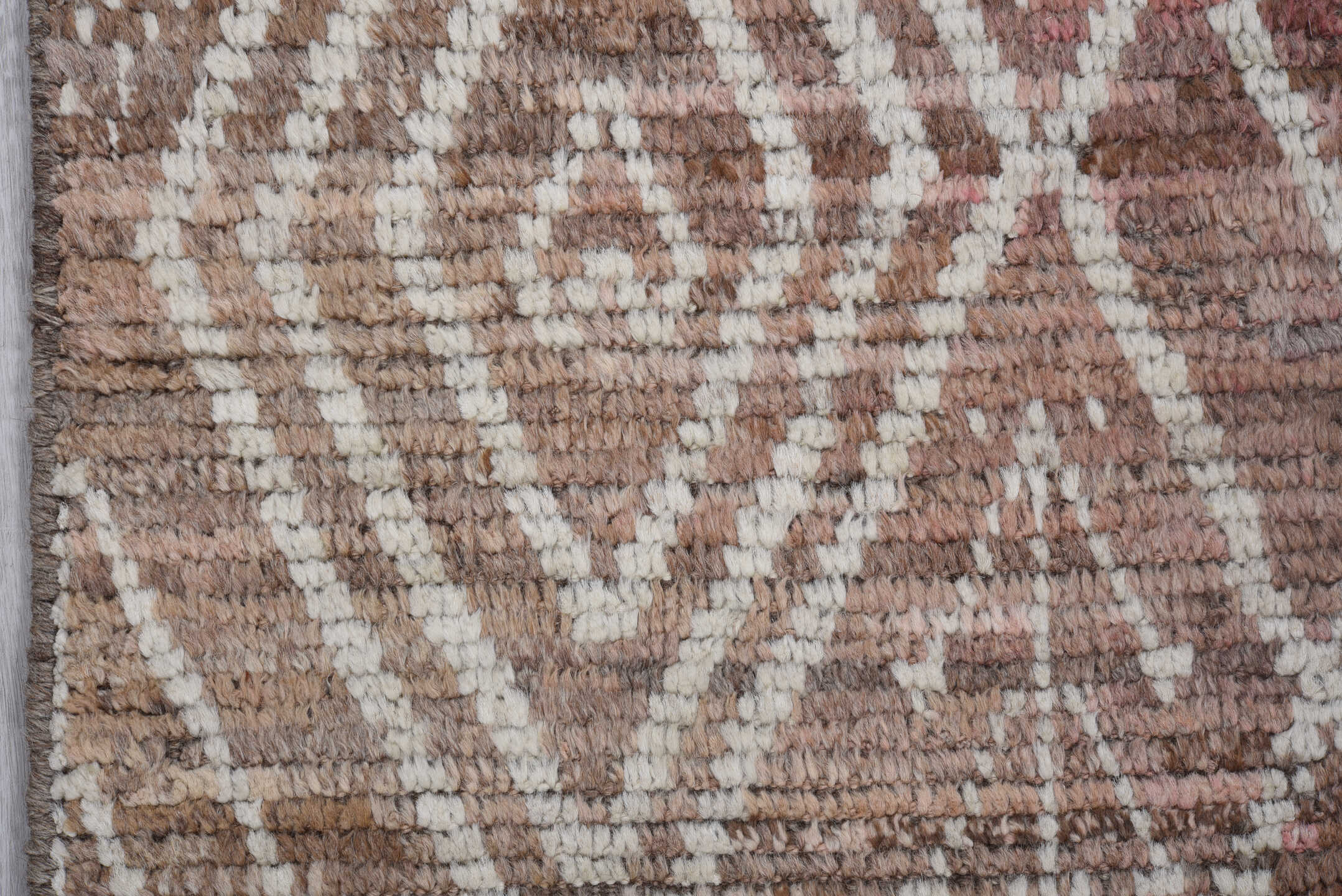 2' x 13' one-of-a-kind handmade vintage Tulu runner rug. Color palette: rose, ivory, taupe, brown, terra cotta, pink, red