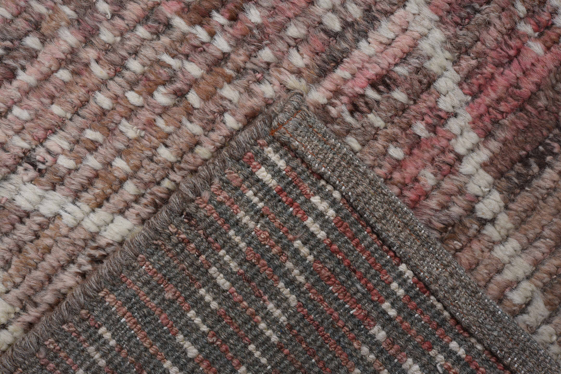 2' x 13' one-of-a-kind handmade vintage Tulu runner rug. Color palette: rose, ivory, taupe, brown, terra cotta, pink, red