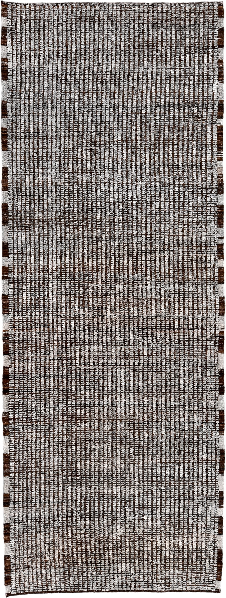 4' x 12' one-of-a-kind handmade vintage Tulu runner rug. Color palette: ivory, brown, espresso, black