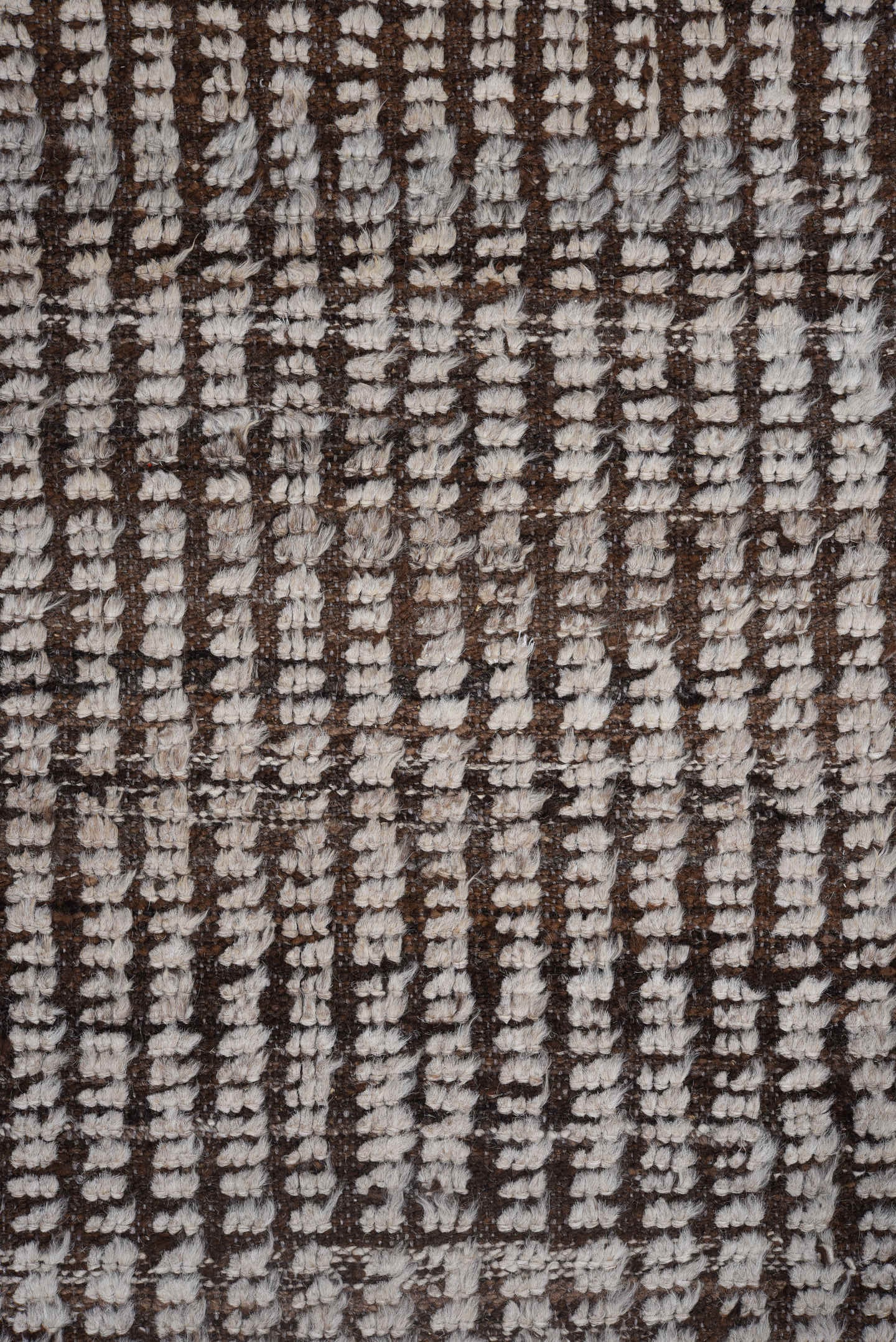 4' x 12' one-of-a-kind handmade vintage Tulu runner rug. Color palette: ivory, brown, espresso, black