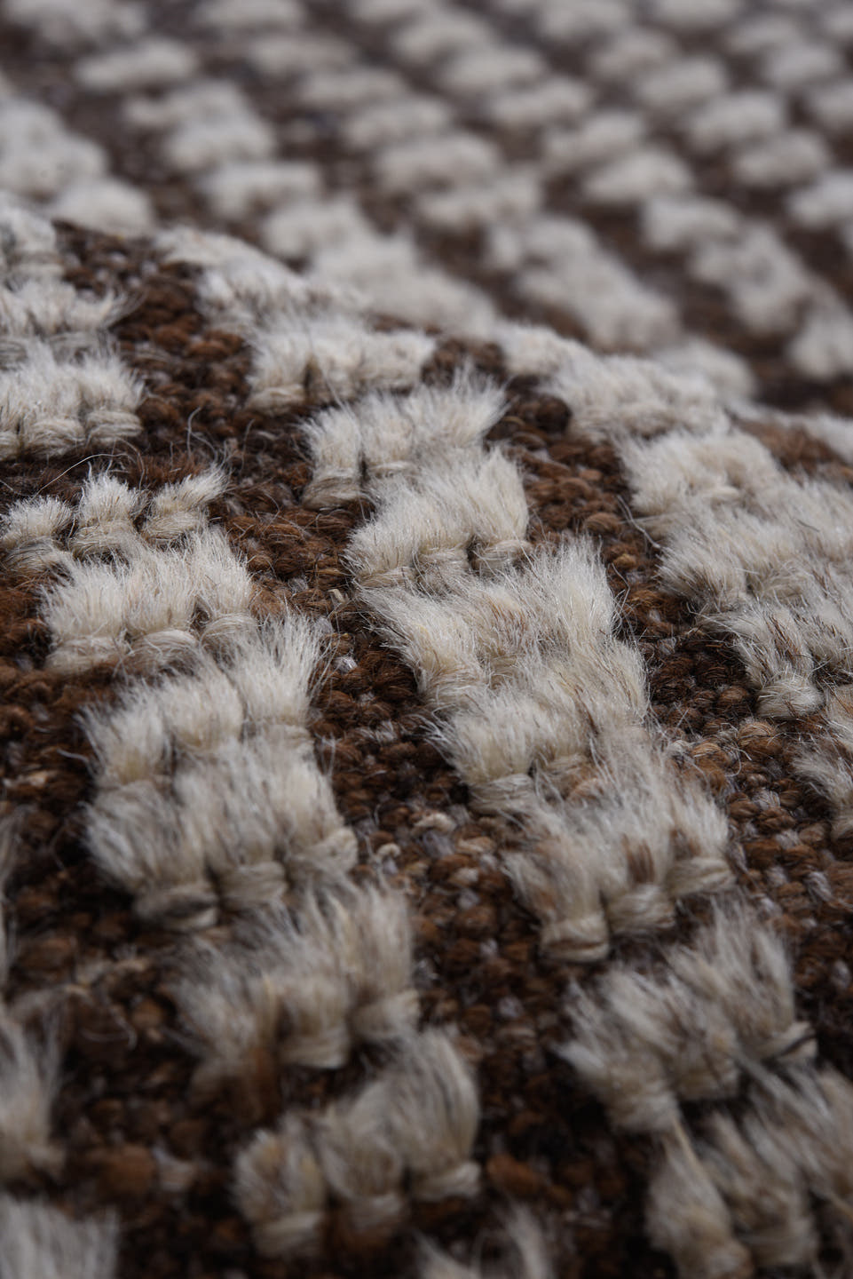 4' x 12' one-of-a-kind handmade vintage Tulu runner rug. Color palette: ivory, brown, espresso, black
