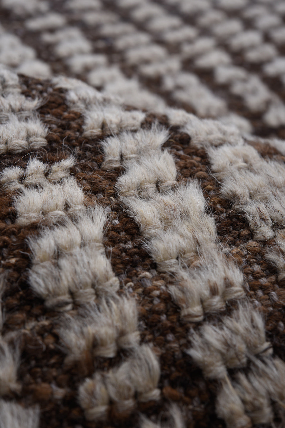 4' x 12' one-of-a-kind handmade vintage Tulu runner rug. Color palette: ivory, brown, espresso, black
