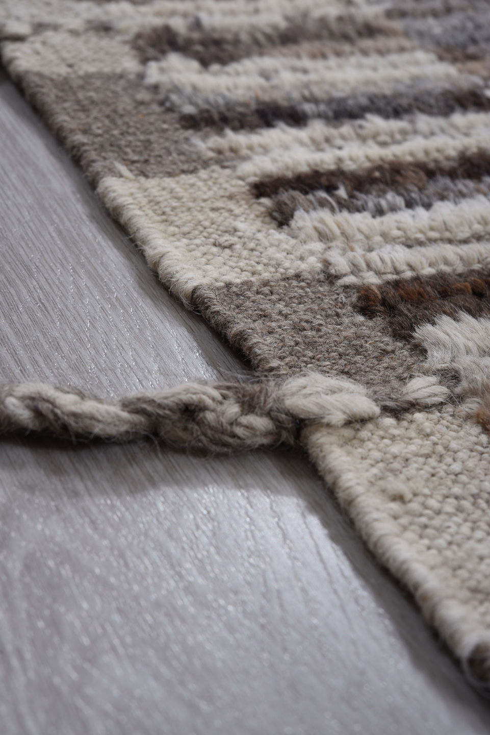 3' x 13' one-of-a-kind handmade vintage Tulu runner rug. Color palette: ivory, taupe, brown, charcoal, gray, camel, beige
