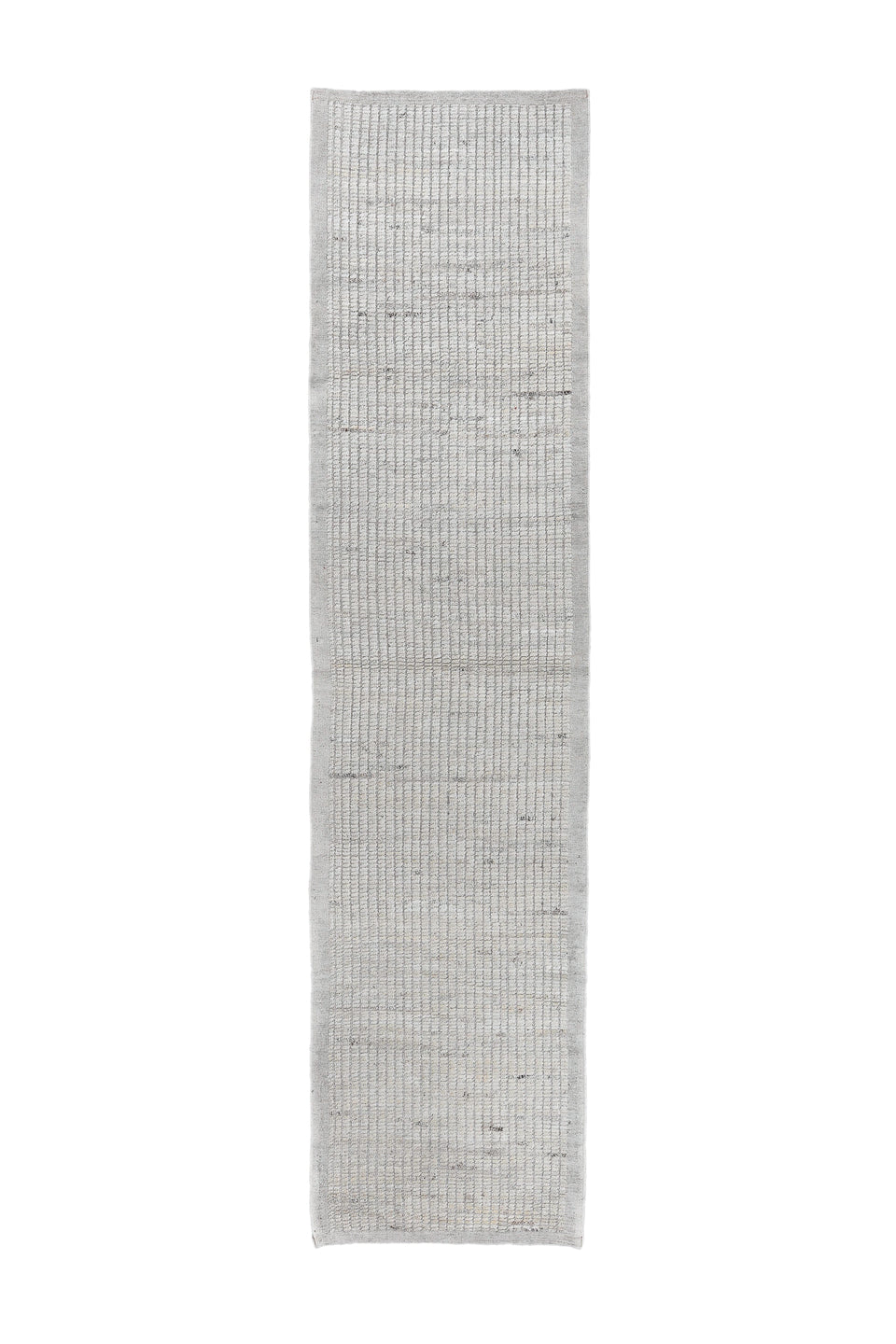 3' x 12' one-of-a-kind handmade vintage Tulu runner rug. Color palette: dark gray, gainsboro, gray, light gray, off-white