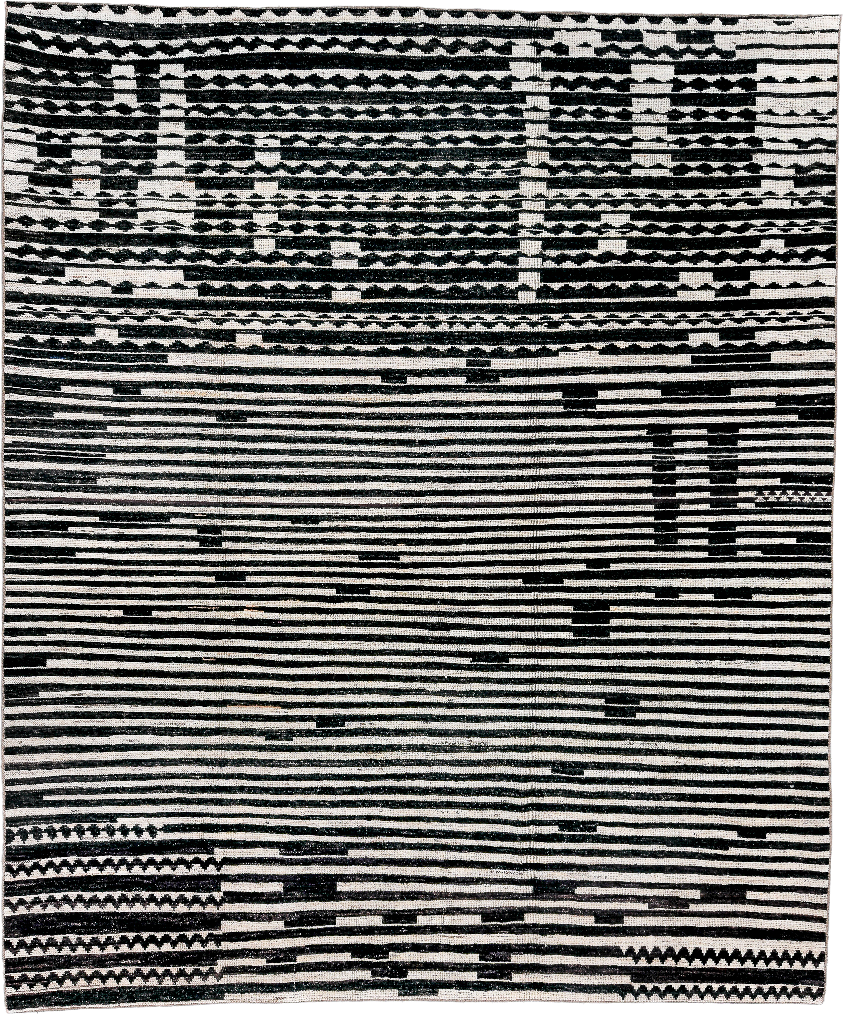 8' x 9' one-of-a-kind handmade vintage Tulu rug. Color palette: ivory, black, charcoal, gray