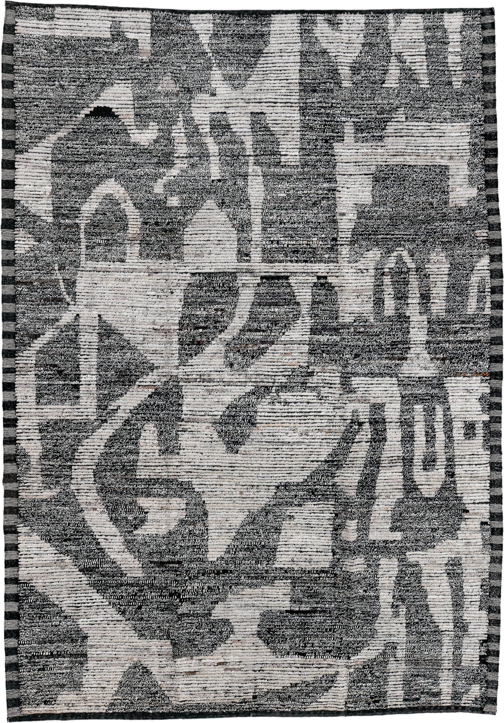 9' x 12' one-of-a-kind handmade vintage Tulu large size rug. Color palette: ivory, charcoal, black, gray
