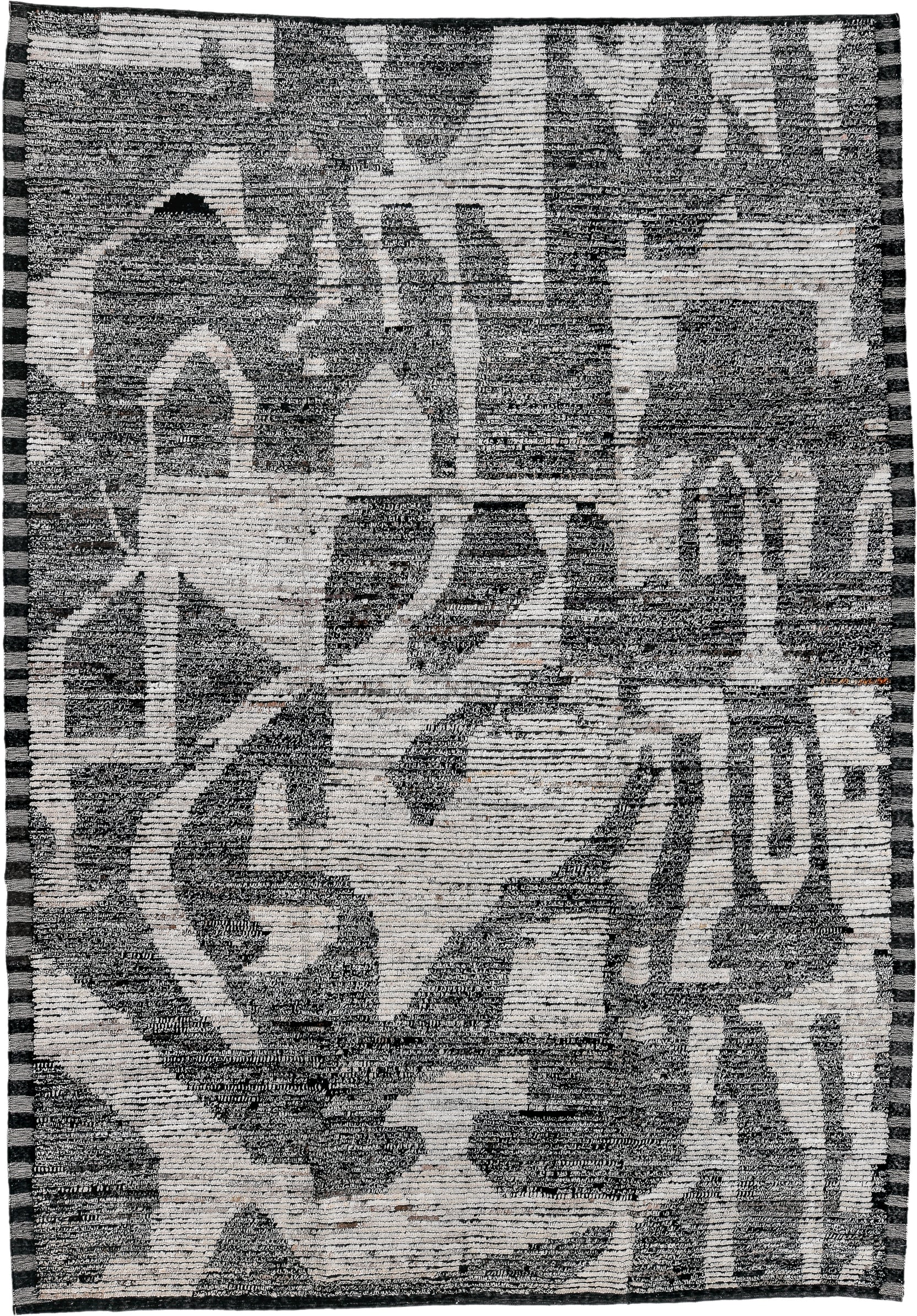 9' x 12' one-of-a-kind handmade vintage Tulu large size rug. Color palette: ivory, charcoal, black, gray