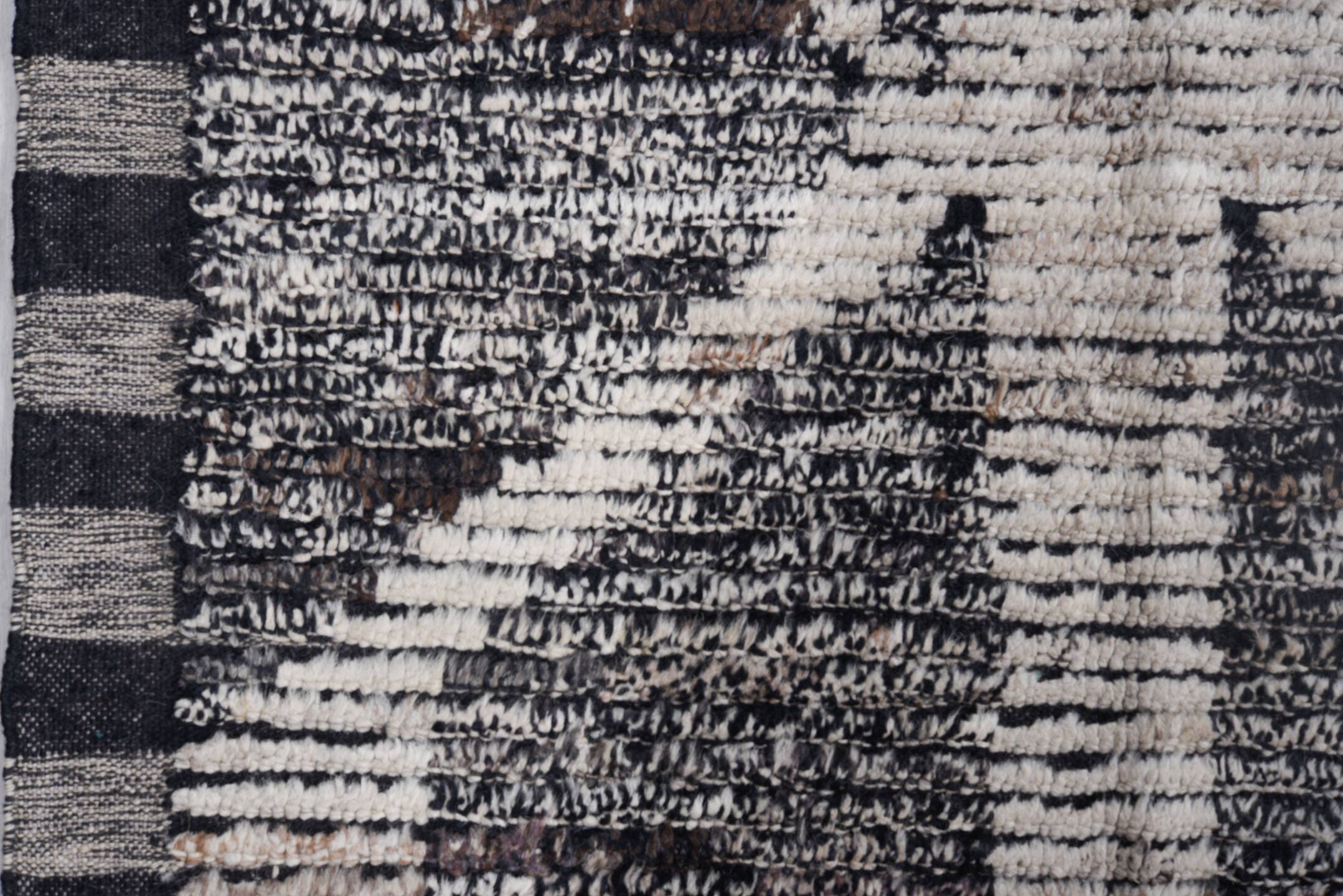9' x 12' one-of-a-kind handmade vintage Tulu large size rug. Color palette: ivory, charcoal, black, gray
