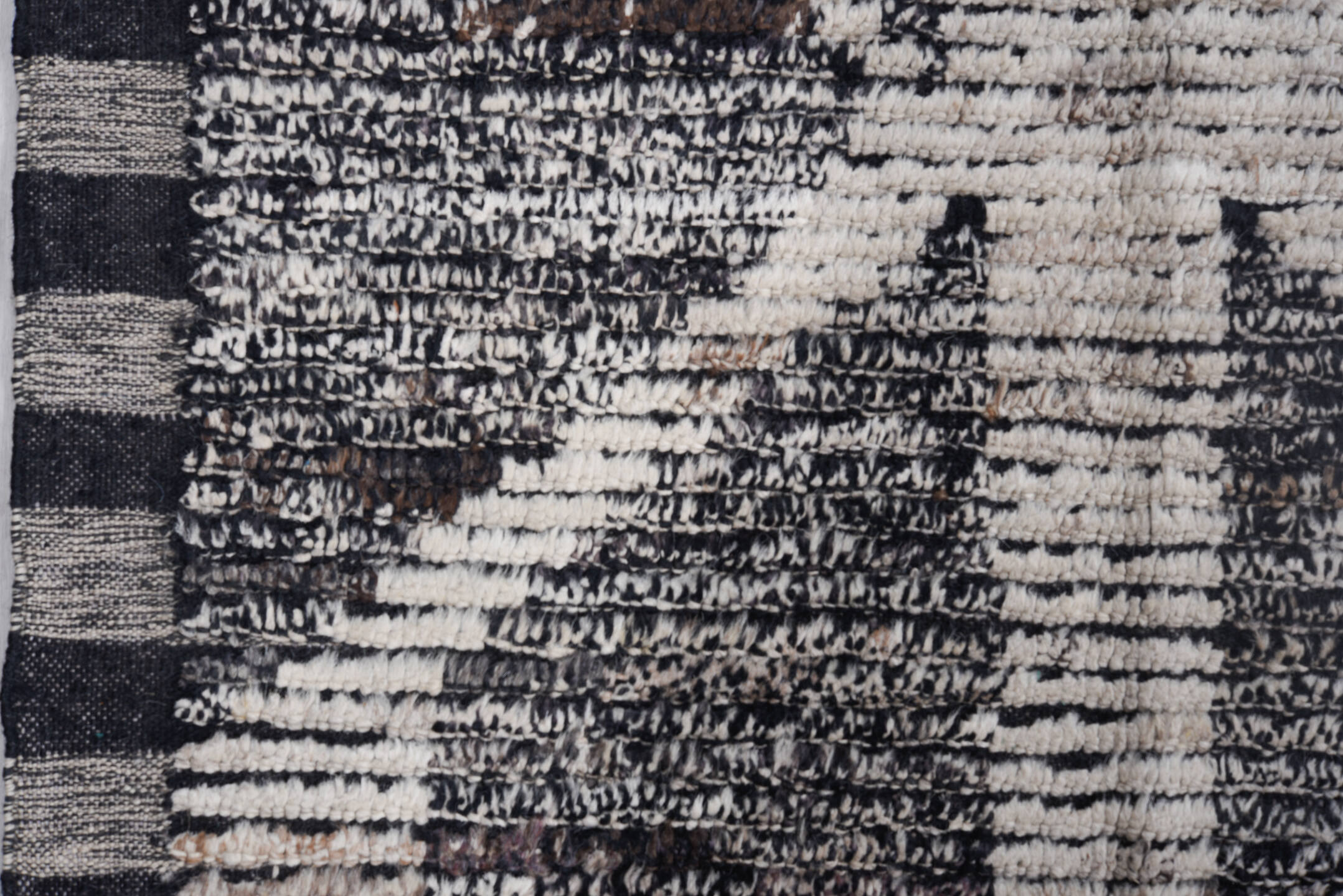 9' x 12' one-of-a-kind handmade vintage Tulu large size rug. Color palette: ivory, charcoal, black, gray