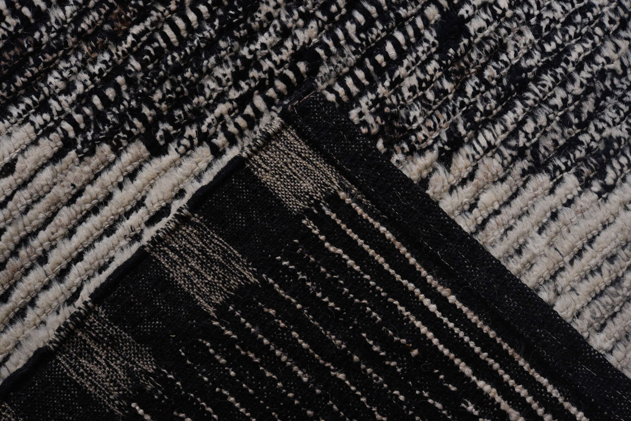 9' x 12' one-of-a-kind handmade vintage Tulu large size rug. Color palette: ivory, charcoal, black, gray