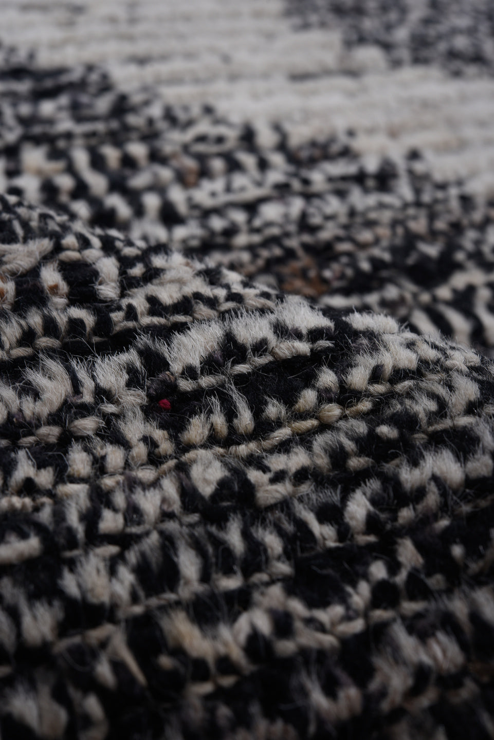 9' x 12' one-of-a-kind handmade vintage Tulu large size rug. Color palette: ivory, charcoal, black, gray