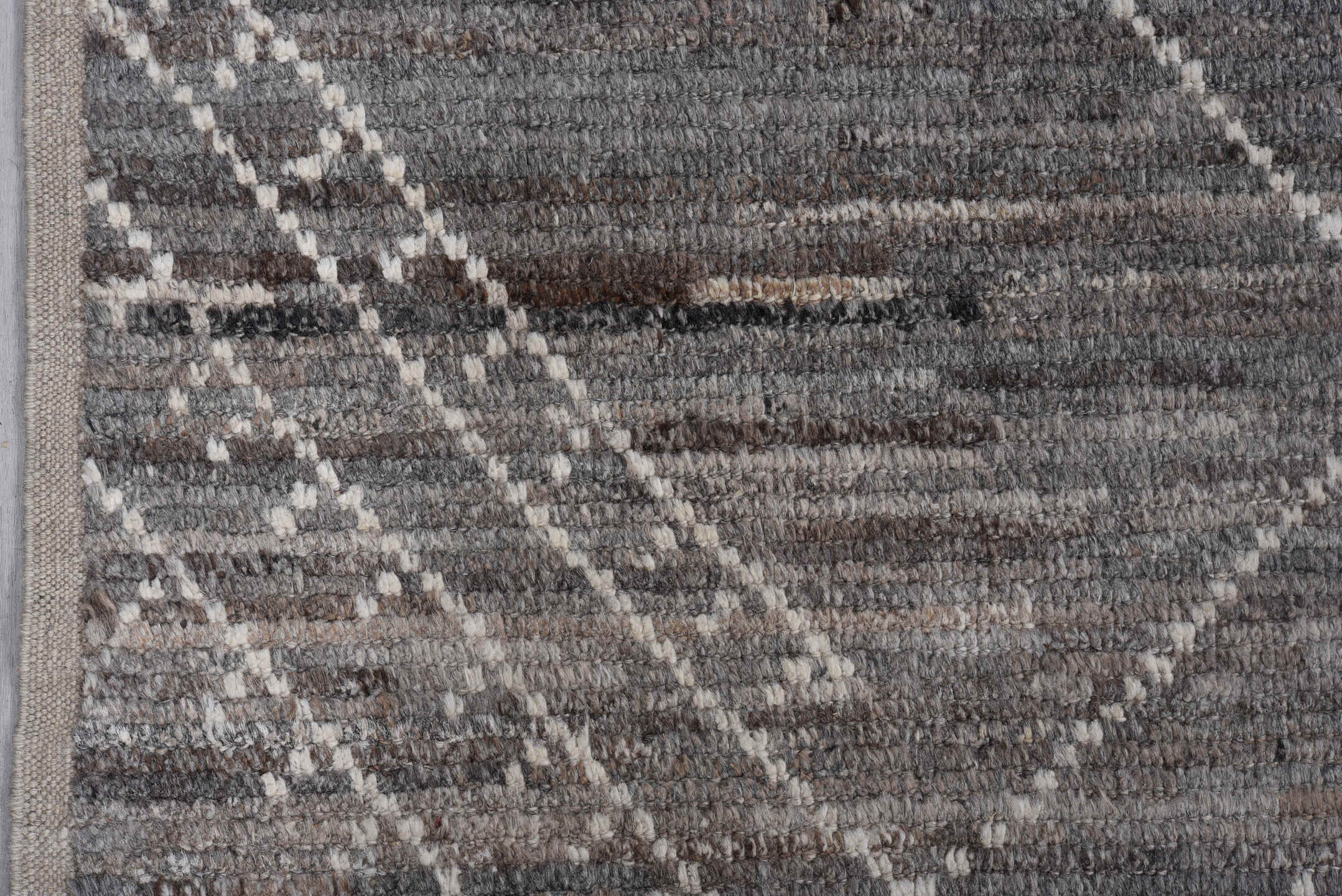 9' x 11' one-of-a-kind handmade vintage Tulu large size rug. Color palette: gray, ivory, charcoal, taupe, greige, black
