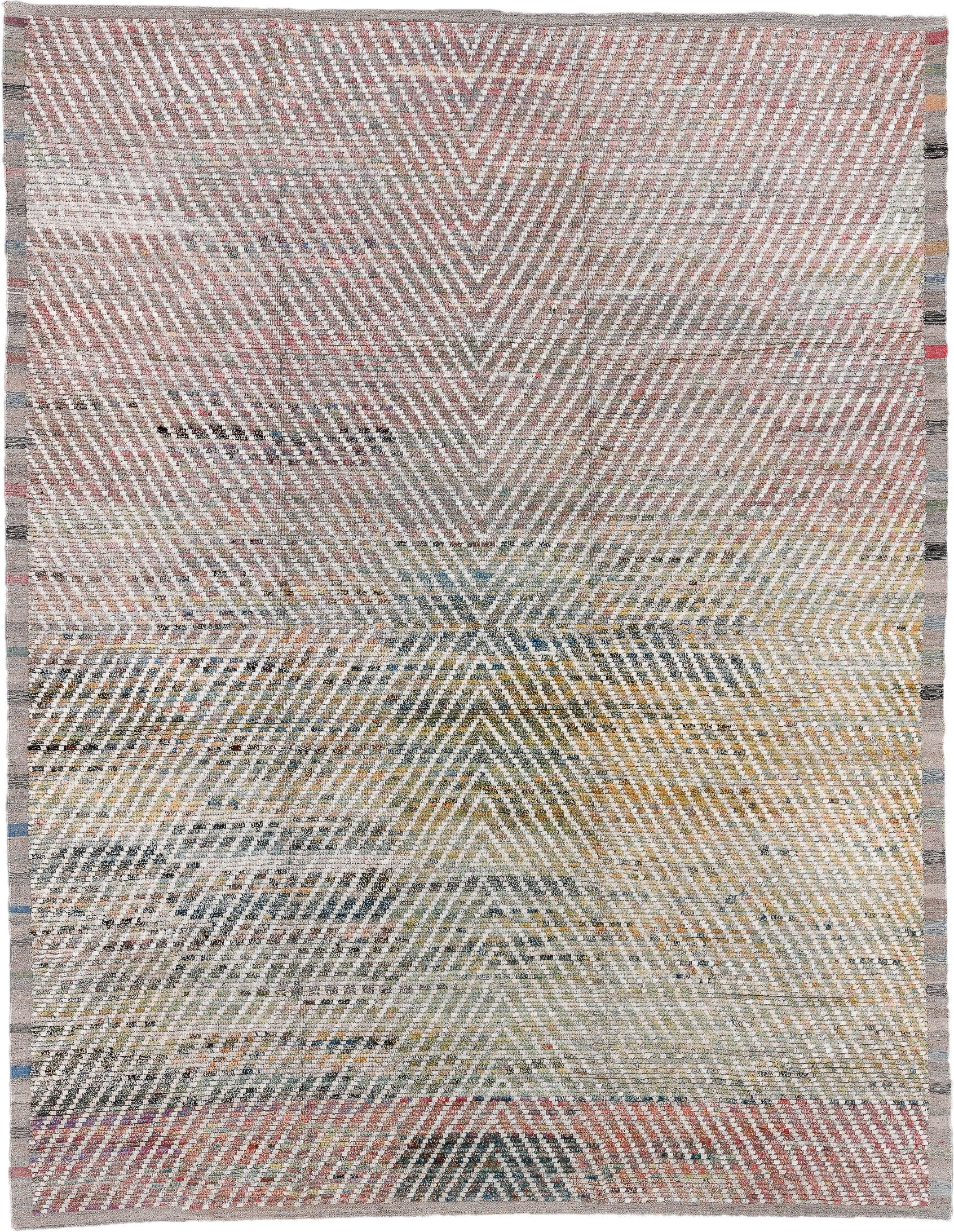 10' x 13' one-of-a-kind handmade vintage Tulu oversize rug. Color palette: ivory, blush, sage, taupe, gold, charcoal, slate