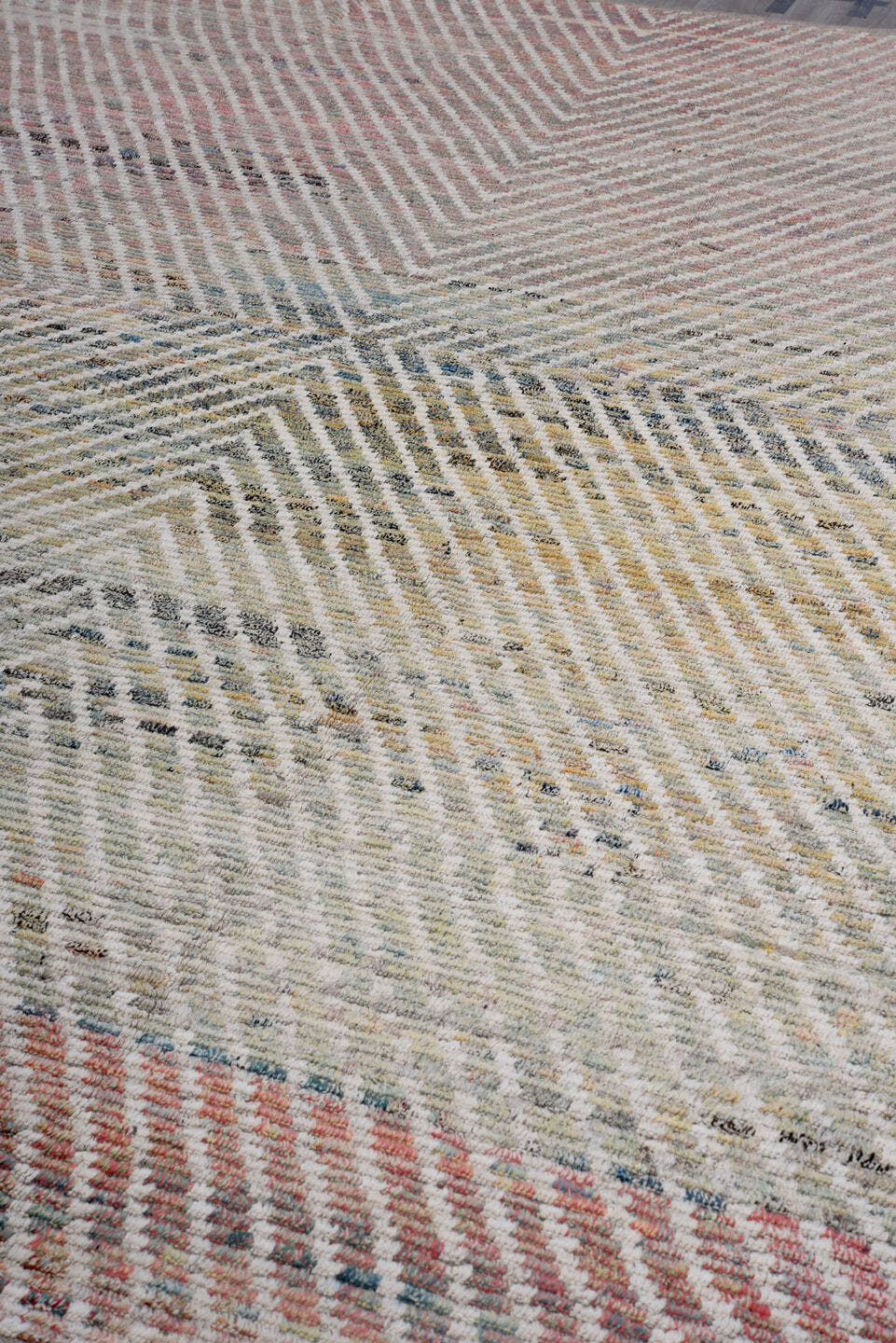 10' x 13' one-of-a-kind handmade vintage Tulu oversize rug. Color palette: ivory, blush, sage, taupe, gold, charcoal, slate