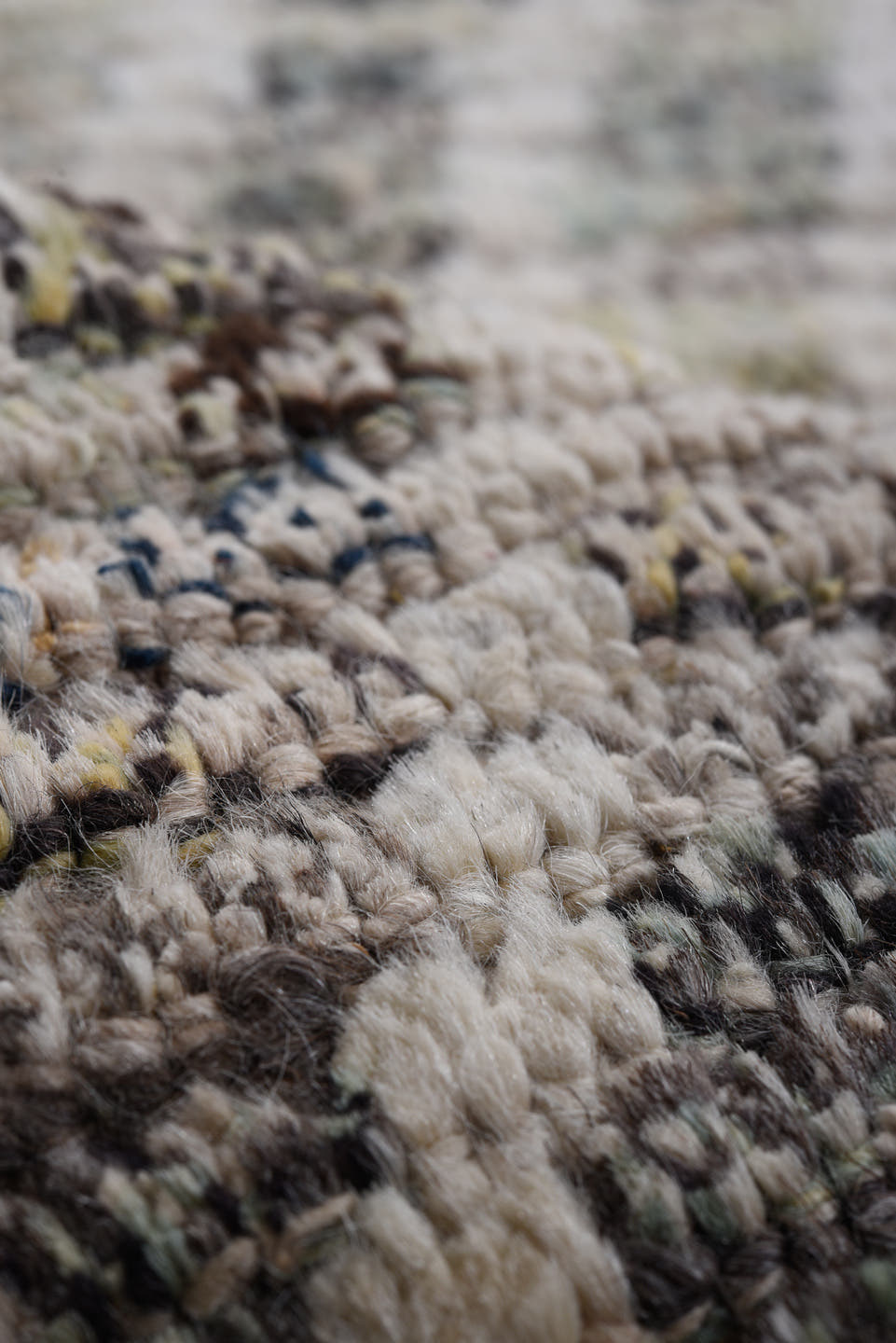 10' x 13' one-of-a-kind handmade vintage Tulu oversize rug. Color palette: ivory, blush, sage, taupe, gold, charcoal, slate