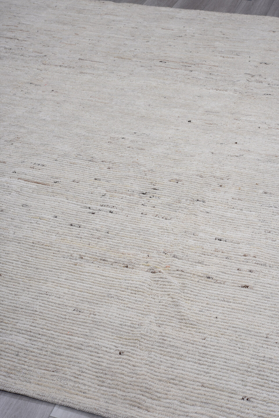 8' x 9' one-of-a-kind handmade vintage Tulu rug. Color palette: ivory, cream, taupe, light gray, beige, charcoal, gray