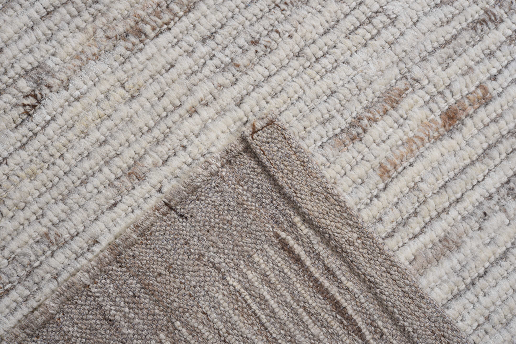 9' x 12' one-of-a-kind handmade vintage Tulu large size rug. Color palette: ivory, taupe, beige, gray, camel