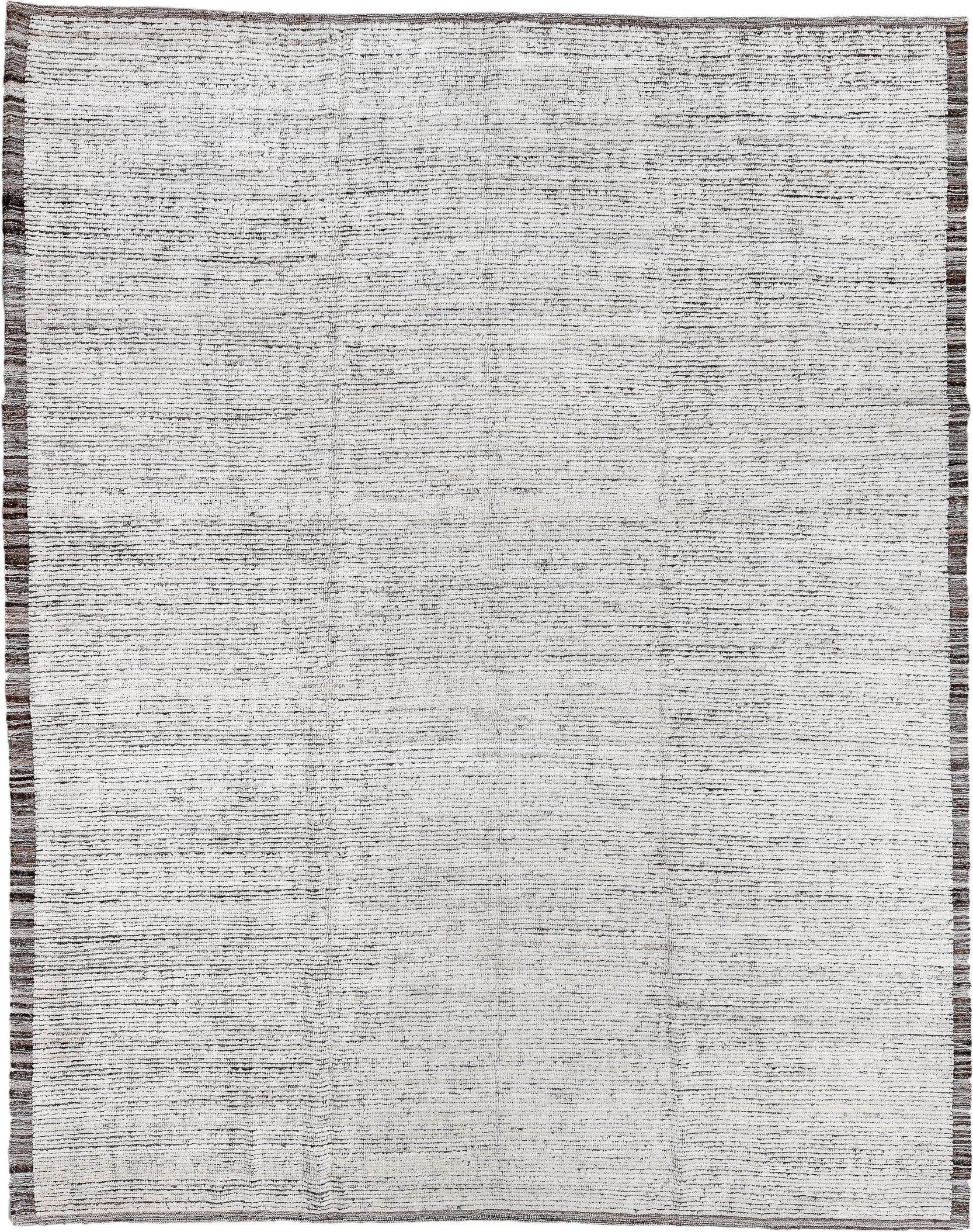 9' x 11' one-of-a-kind handmade vintage Tulu large size rug. Color palette: ivory, charcoal, taupe, brown, gray, black