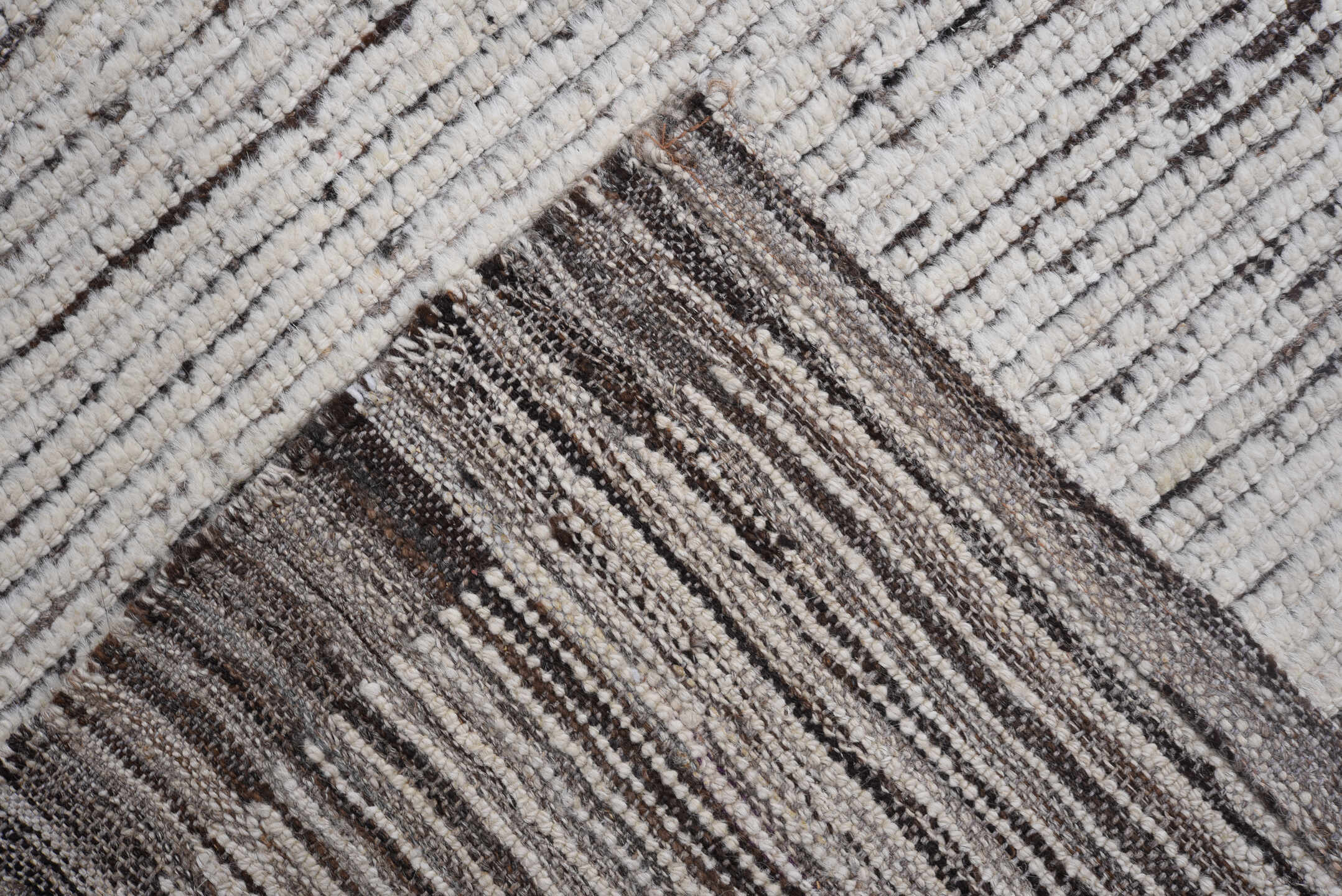 9' x 11' one-of-a-kind handmade vintage Tulu large size rug. Color palette: ivory, charcoal, taupe, brown, gray, black