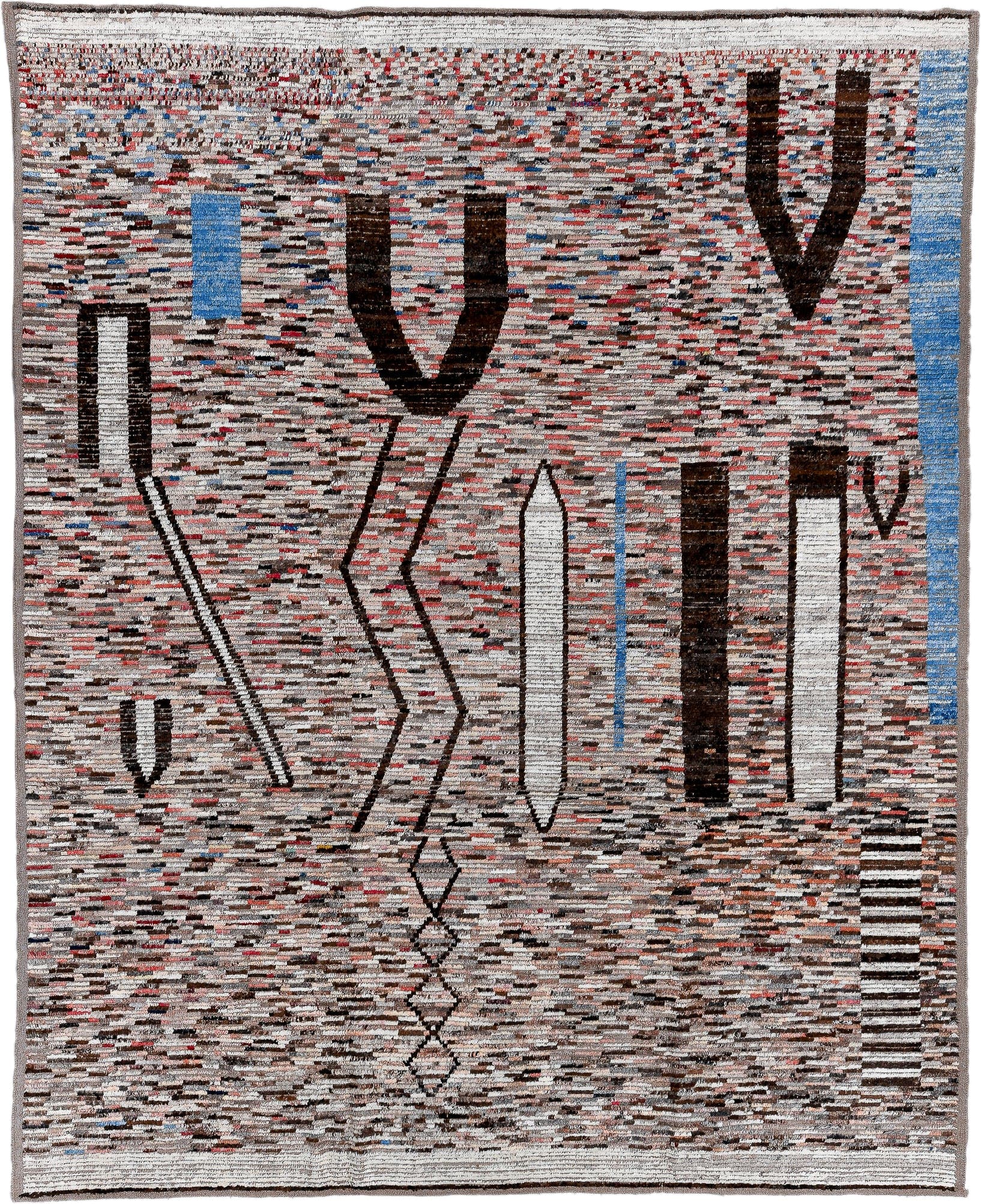 9' x 11' one-of-a-kind handmade vintage Tulu large size rug. Color palette: ivory, gray, charcoal, brown, sky_blue, rust