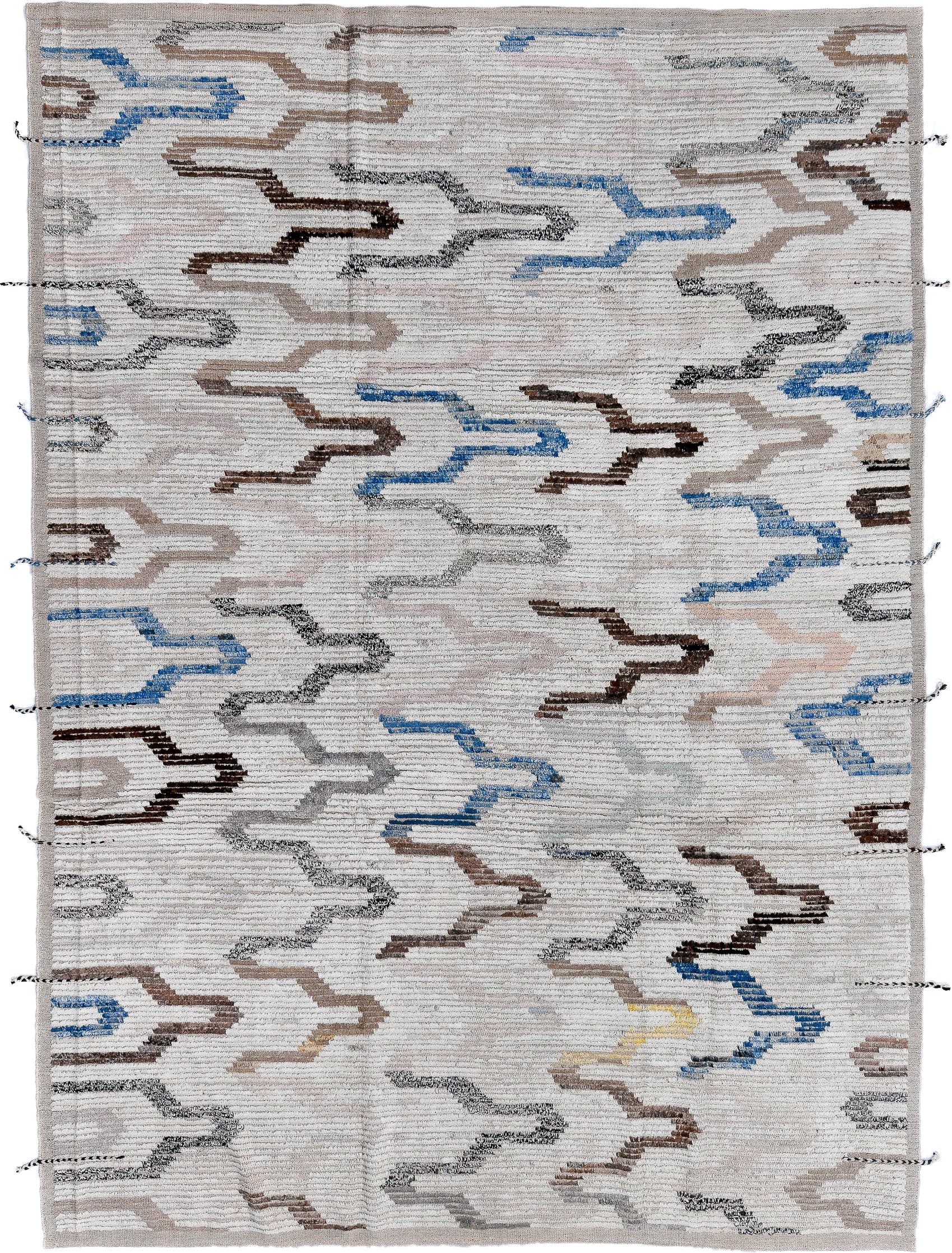 8' x 11' one-of-a-kind handmade vintage Tulu large size rug. Color palette: ivory, taupe, sky blue, gray, brown, charcoal