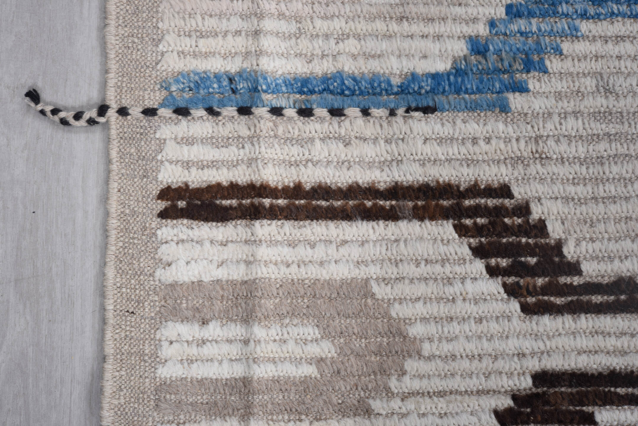 8' x 11' one-of-a-kind handmade vintage Tulu large size rug. Color palette: ivory, taupe, sky blue, gray, brown, charcoal