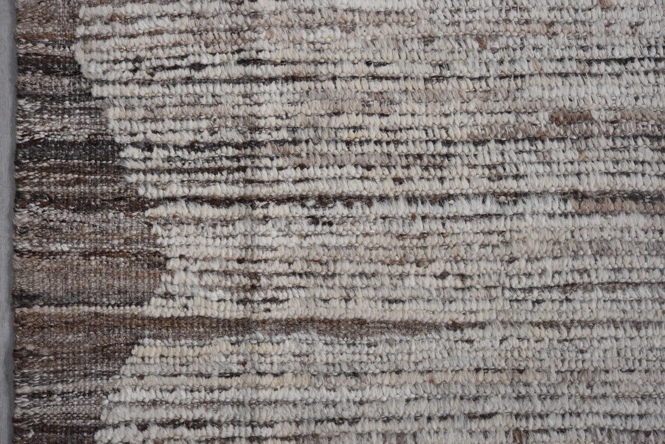 9' x 11' one-of-a-kind handmade vintage Tulu large size rug. Color palette: ivory, brown, taupe, charcoal, beige, gray
