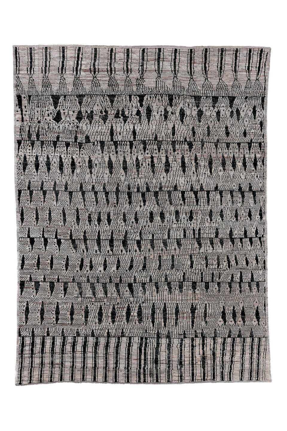 8' x 12' one-of-a-kind handmade vintage Tulu large size rug. Color palette: black, charcoal, dark gray, dim gray, gainsboro