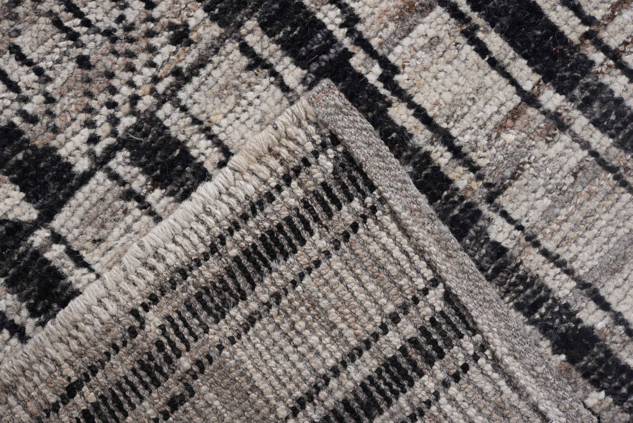 8' x 12' one-of-a-kind handmade vintage Tulu large size rug. Color palette: black, charcoal, dark gray, dim gray, gainsboro