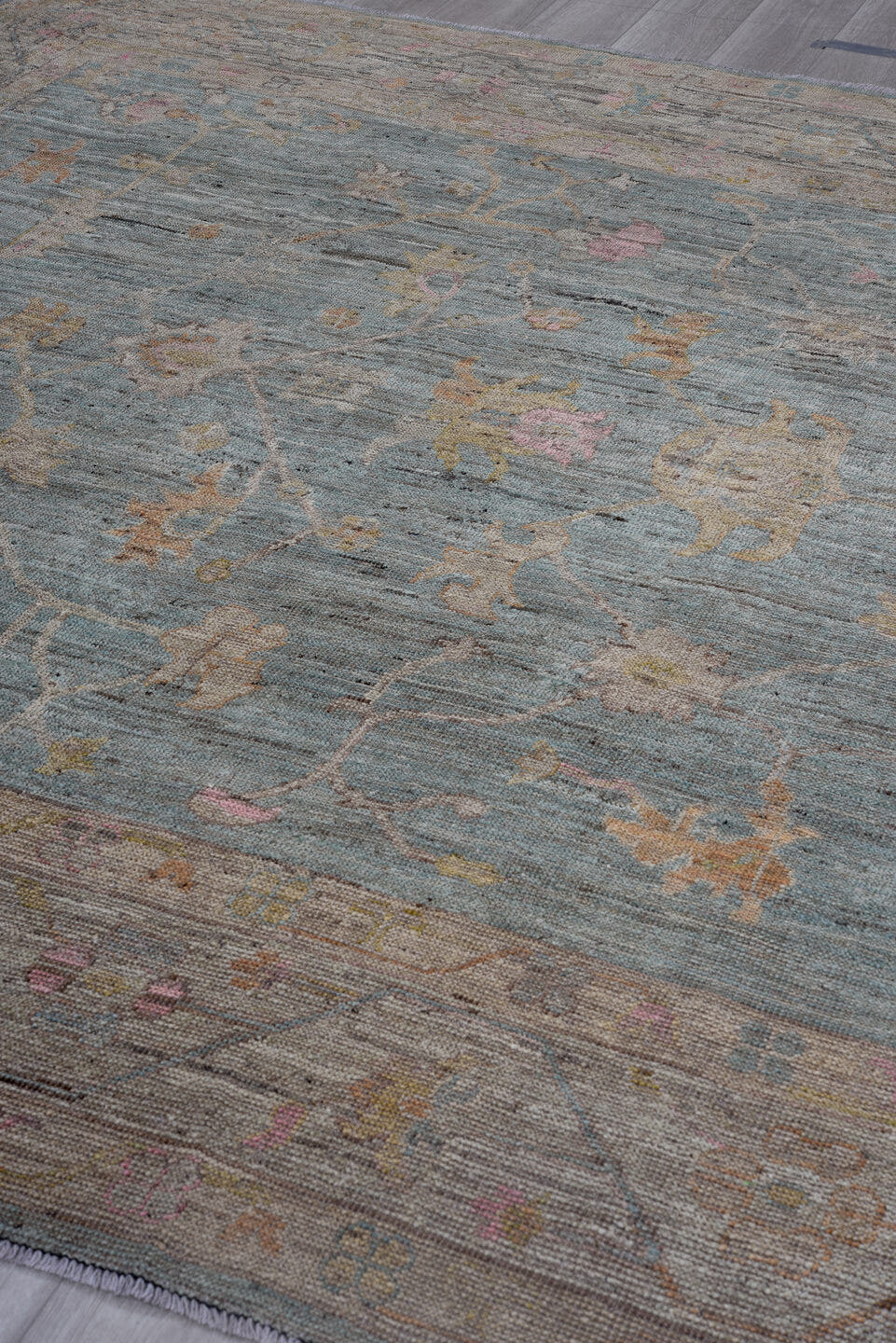 8' x 9' one-of-a-kind handmade vintage Tulu rug. Color palette: blue_gray, taupe, ivory, gold, blush, rust, sage, gray, blue