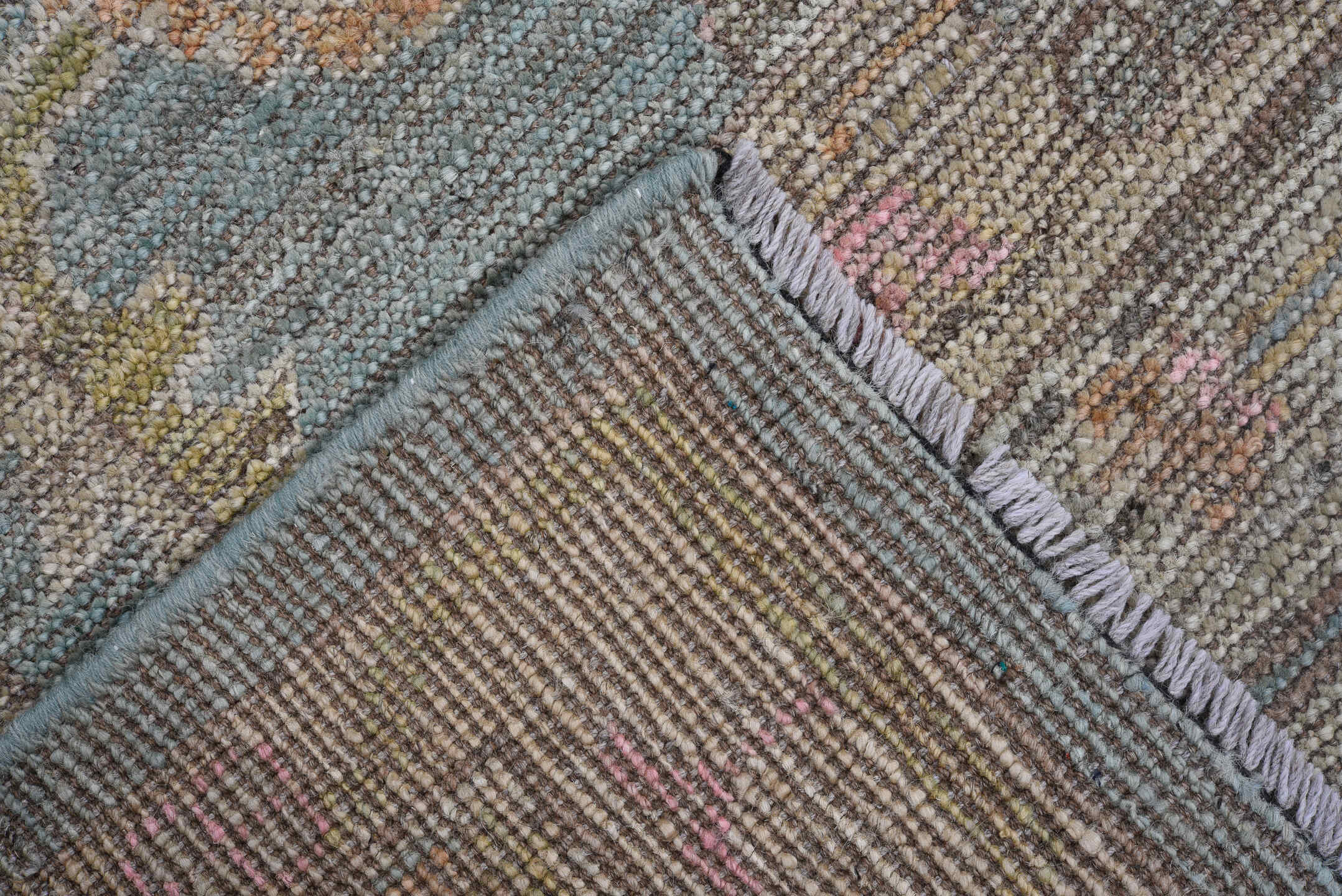 8' x 9' one-of-a-kind handmade vintage Tulu rug. Color palette: blue_gray, taupe, ivory, gold, blush, rust, sage, gray, blue