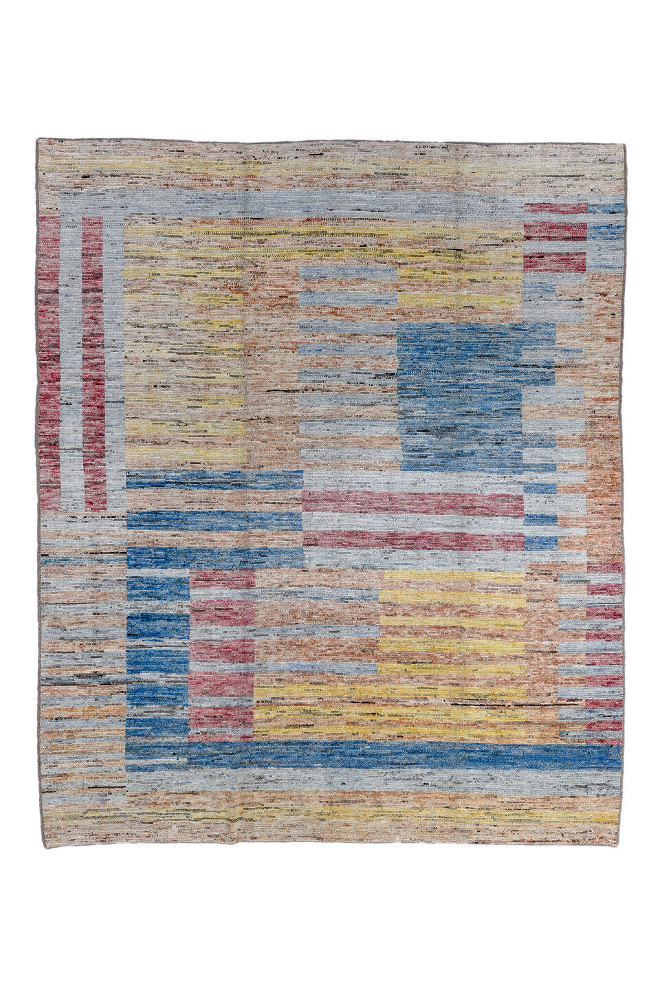 9' x 11' one-of-a-kind handmade vintage Tulu large size rug. Color palette: black, blue, brown, dim gray, gainsboro, gray