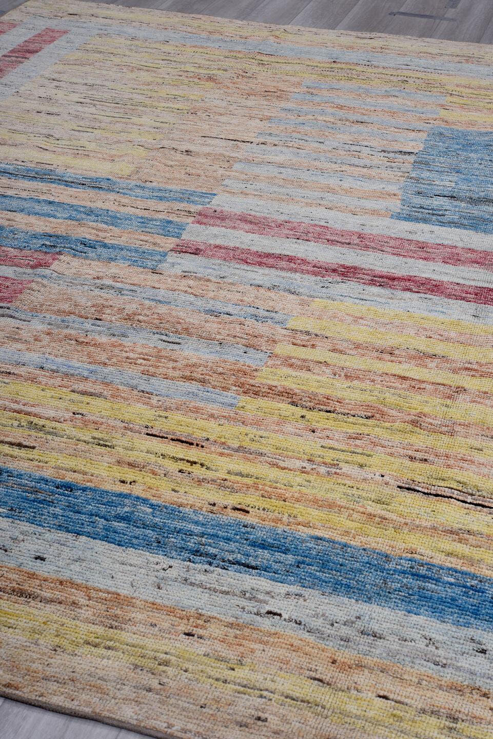 9' x 11' one-of-a-kind handmade vintage Tulu large size rug. Color palette: ivory, pale blue, cobalt, rose, saffron, peach